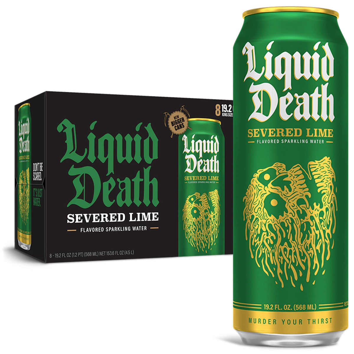 Liquid Death, Severed Lime Sparkling Water, 8-Pack (King Size 19.2Oz Cans), Lime Flavored Sparkling Beverage Sweetened With Real