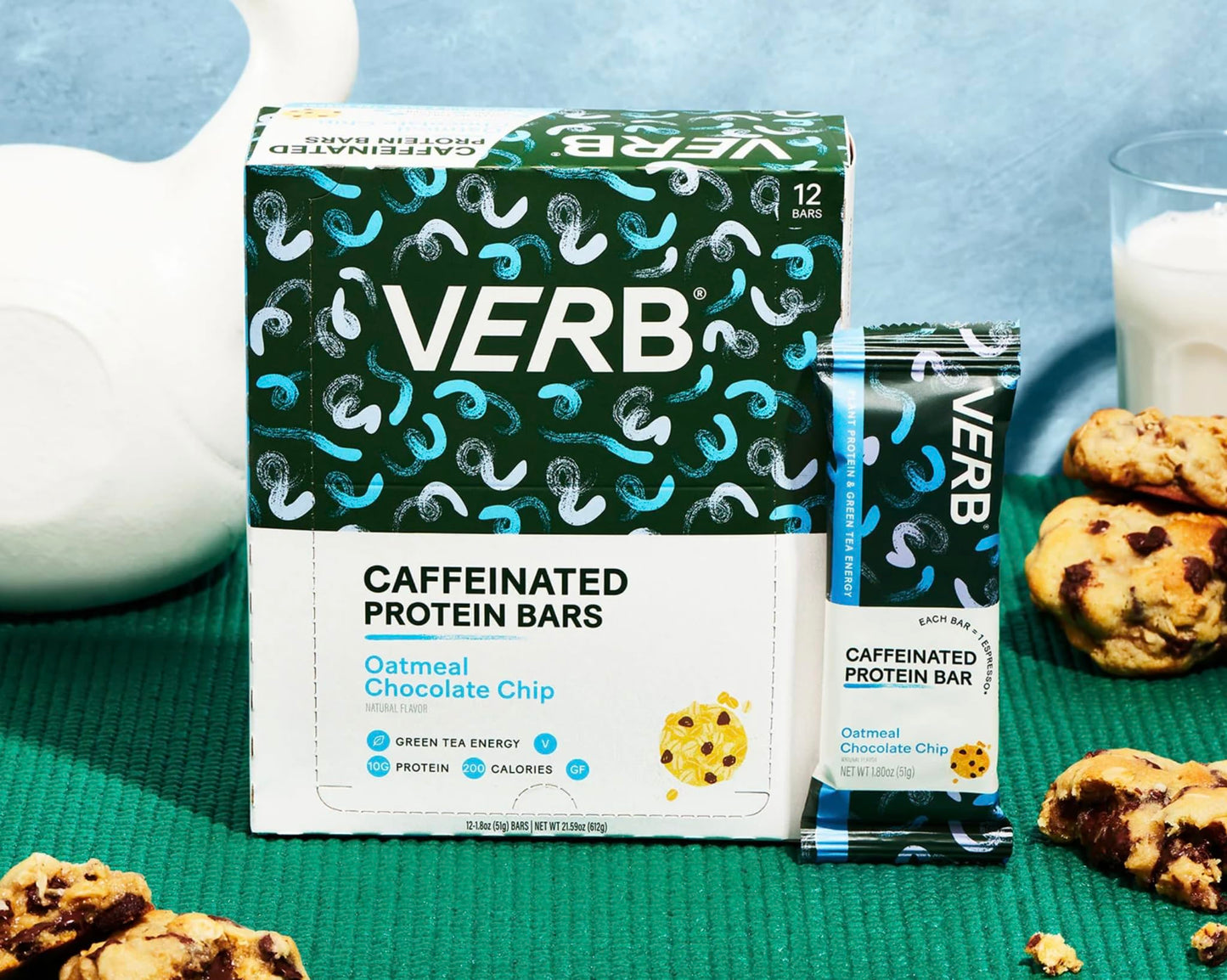 Verb Energy - Caffeinated Protein Bars Oatmeal Chocolate Chip 10G Plant Based Protein Bars High Protein - Vegan Snack - Gluten Free Breakfast Snack With Organic Green Tea, 51G (Pack Of 12)