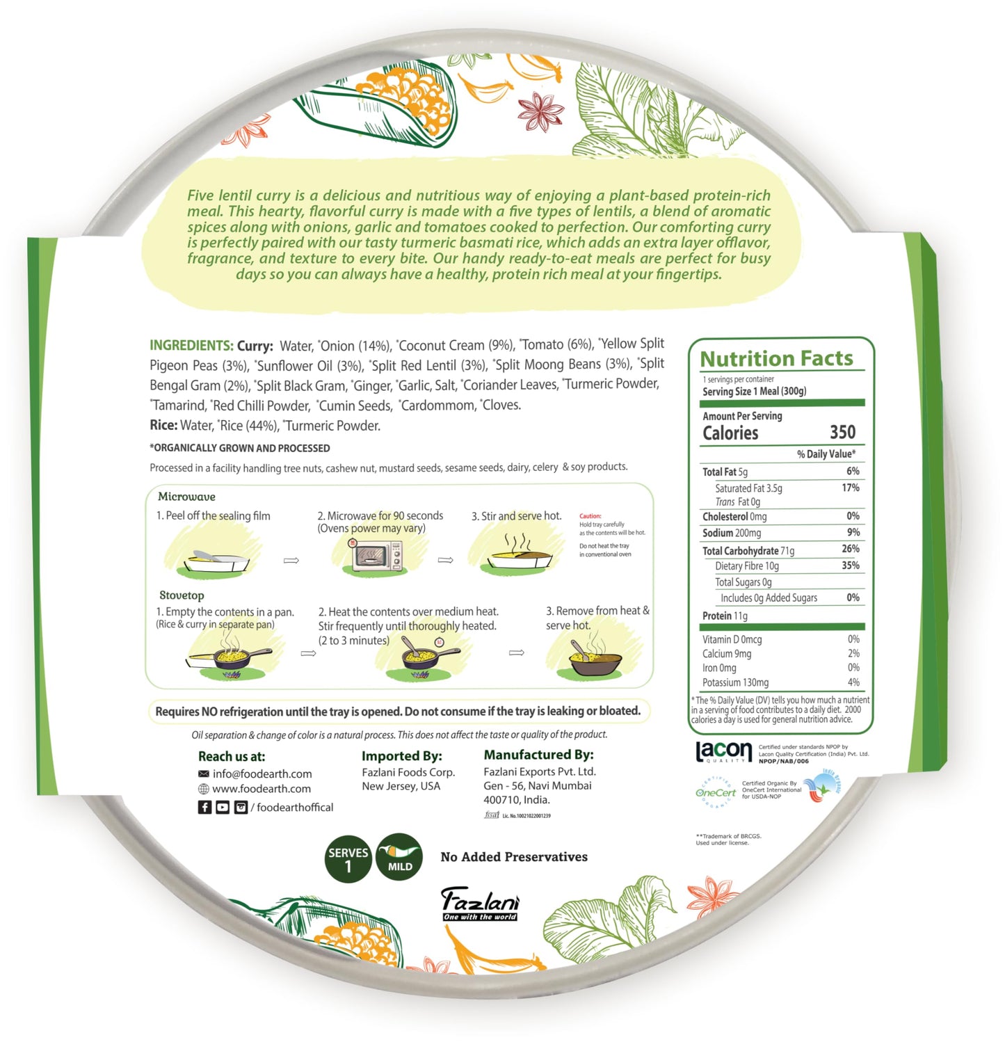 Food Earth Ready To Eat Indian Meal - Five Lentil Curry With Turmeric Rice - Organic, Vegan, Gluten-Free, Gmo-Free, Plant-Based