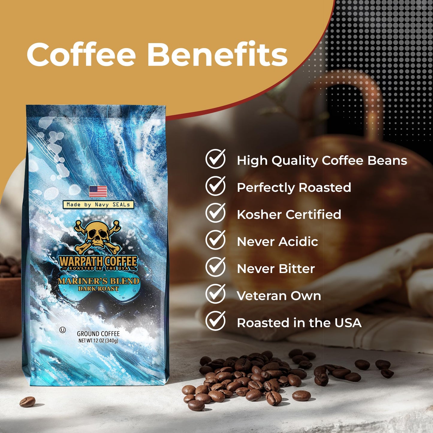 Warpath Coffee Ground Coffee Dark Roast, Mariners Blend, High Caffeine, Extra Strong Roasted 100% Arabica Coffee Ground Beans, Rich Aroma, Full-Bodied Intense Cup, Created By Navy Seals, 12Oz