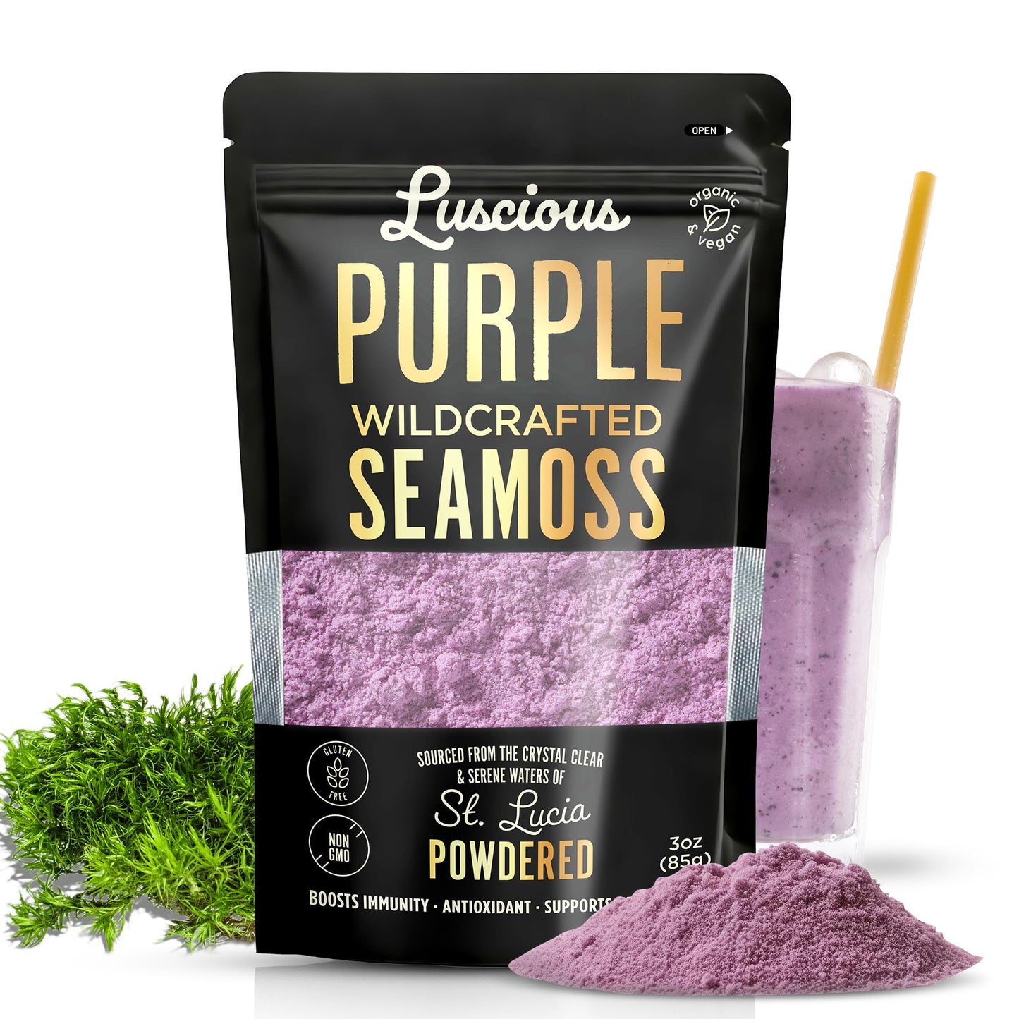 Luscious Purple Wildcrafted Sea Moss Powder 3 Oz | St Lucia 100% Organic Sea Moss Superfood Powder | Supports Immune Gut & Digestive Health | Vegan  Gluten-Free  Makes 120+ Fl Oz Gel