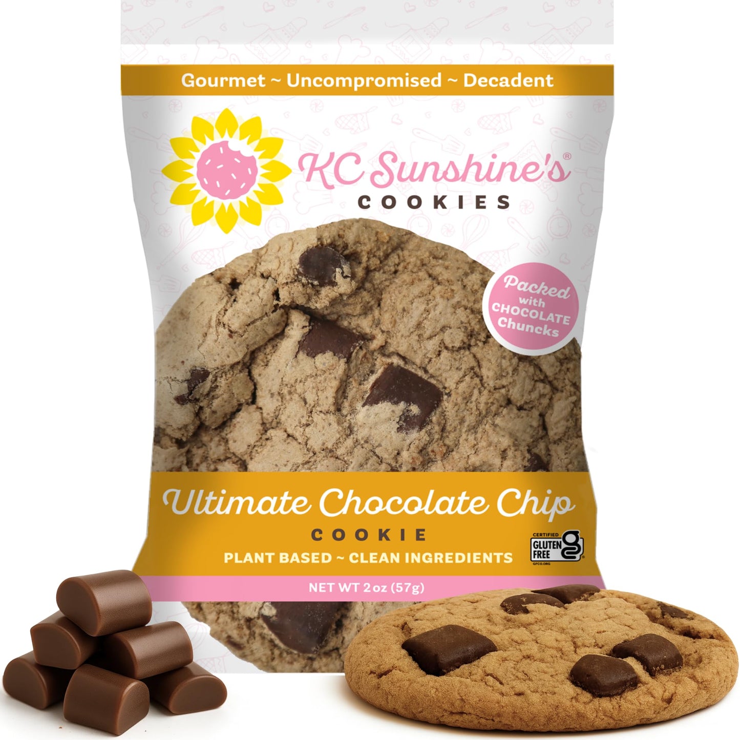 Kc Sunshines Chocolate Chip Cookies (Pack Of 12) - Gluten Free Snacks - Dairy Free  Nut Free  Vegan Friendly & Plant Based - Gluten Free Cookies Individually Wrapped