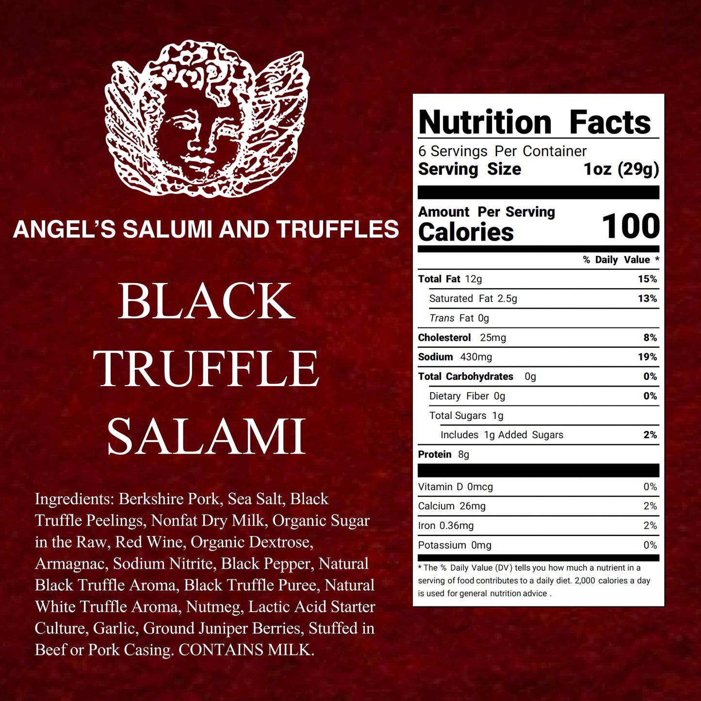 ANGELS SALUMI Black Truffle Salami - Gourmet Charcuterie, 6.5oz (Pack of 3), Humanely Raised Pork,    &  -Free