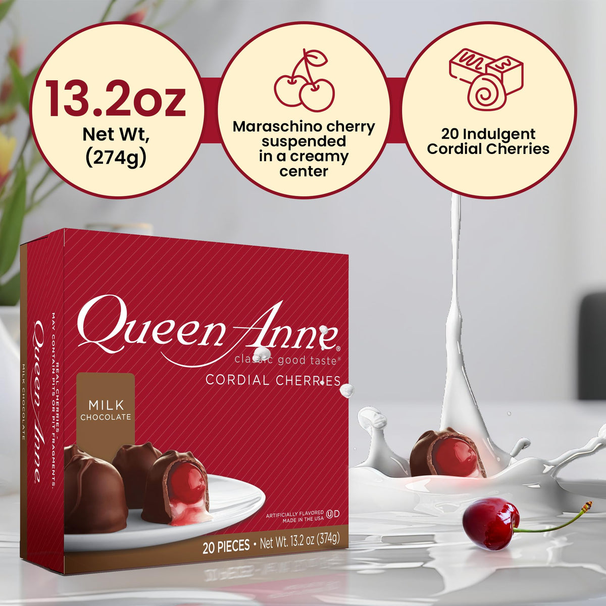 Queen Anne Milk Chocolate Covered Cordial Cherries | 13.2 Oz (Pack Of 2) | 20 Piece Gift Boxes | Whole Maraschino Cherry Creamy Filled Liquid Center | Holiday Party Chocolate Candy