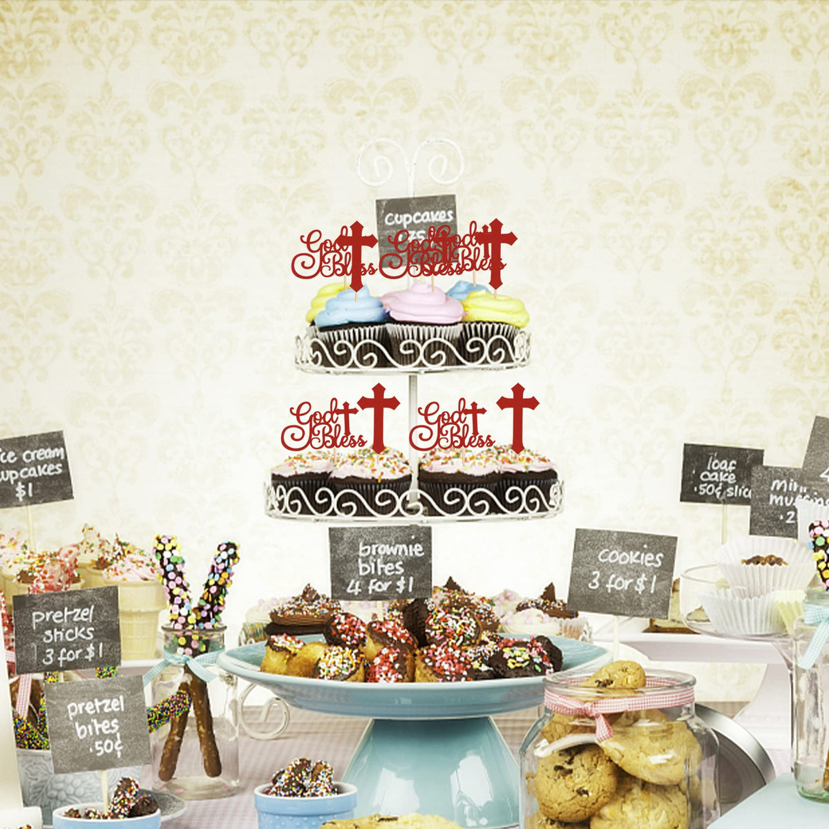 Rssta i Cupcake Toppers 24 Pack Glitter Cross Baptism Picks Red Paper Model XM052