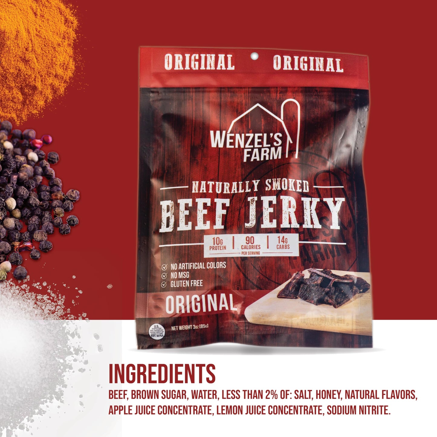 Wenzels Farm Beef Jerky Variety Pack - Includes Original, Teriyaki, And Peppered Beef Jerky - Naturally Smoked - No Msg - No Artificial Colors, Gluten Free - Pack Of 3, 3 Oz Bags