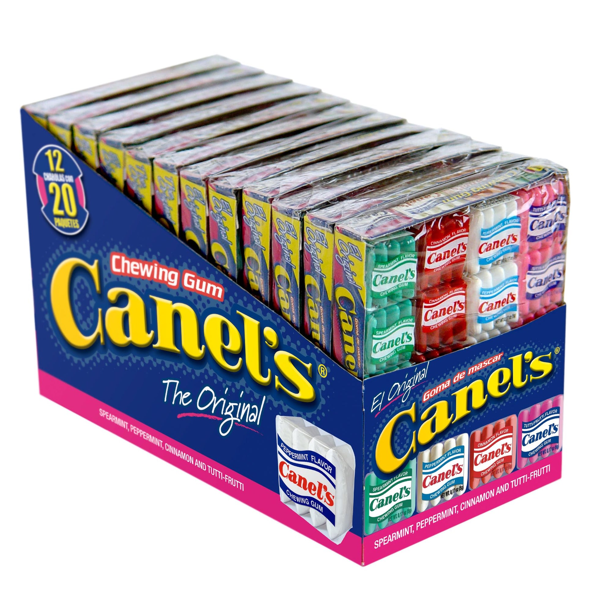 Canels 4-Piece Gum Pack Display in Original Flavors - Peppermint  Spearmint  Cinnamon  Fruit  Blueberry  Violet  and Menthol  240 Count