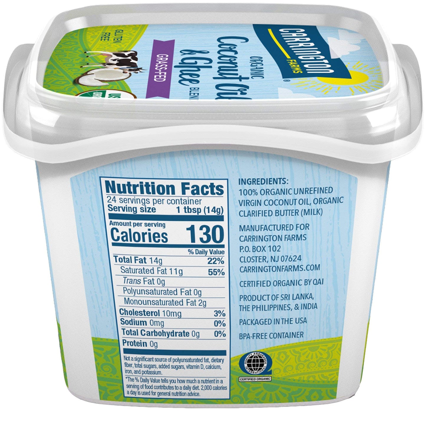 USDA Organic Grass Fed Ghee and Coconut Oil Blend, 12oz, Compare our cost per oz and Certified Organic, Carrington Farms