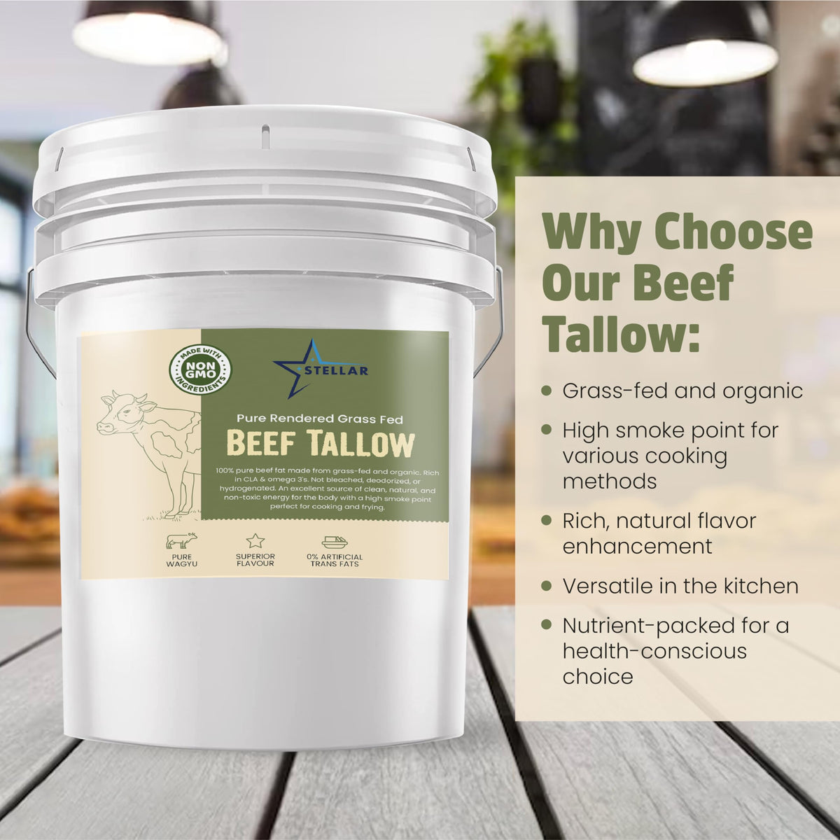 STELLAR CHEMICAL CORP Beef Tallow - 100% Grass-Fed - Cooking, Baking, Frying - 32 Ounce (2 LBS) - Food Grade