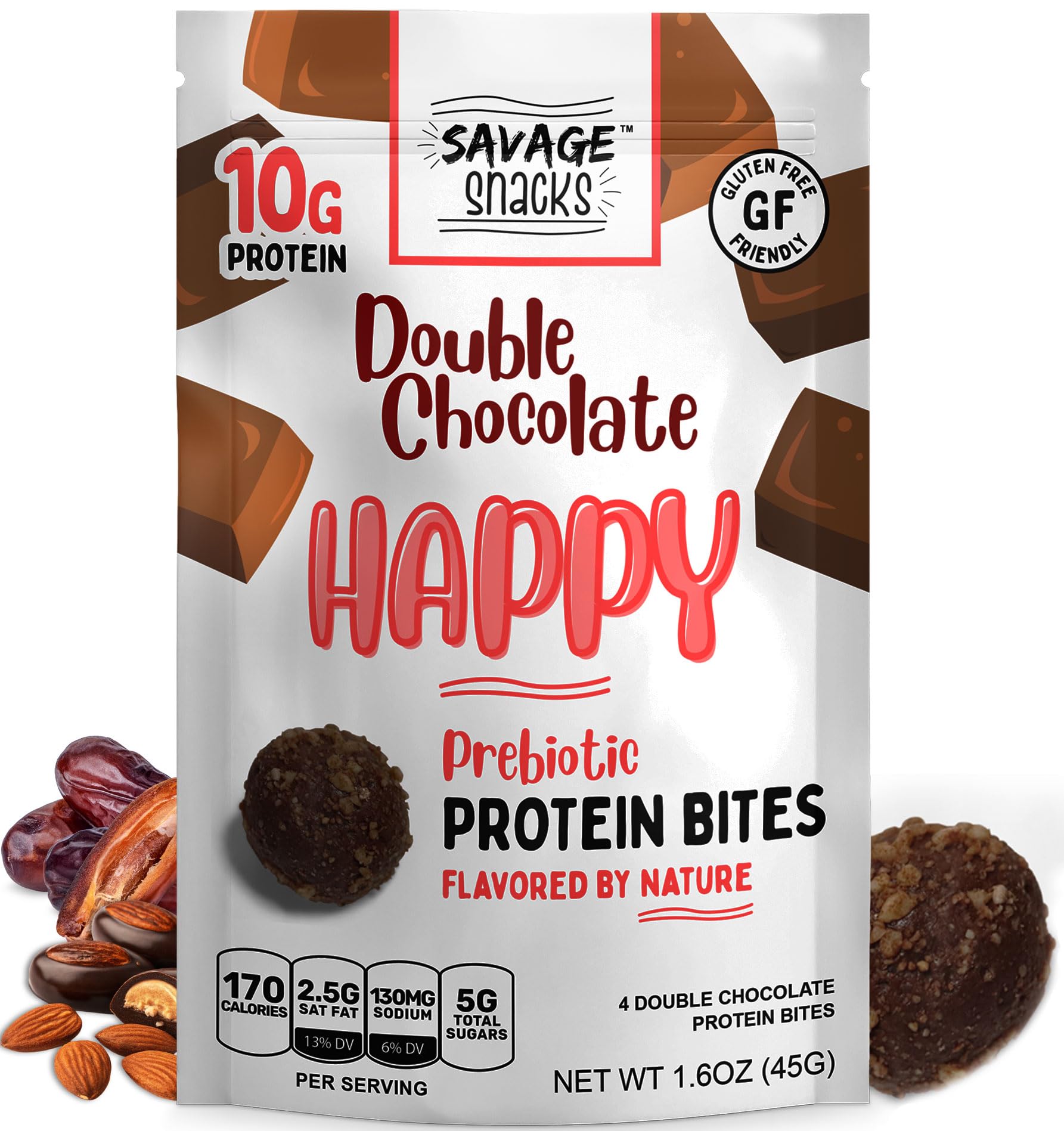 Savage Snacks Happy Double Chocolate Whole Food Prebiotic 10G Protein Balls & Bites - Convenient On-The-Go Tasty Protein Snacks - High-Protein, Gluten-Free, Grain-Free & Flavored By Nature