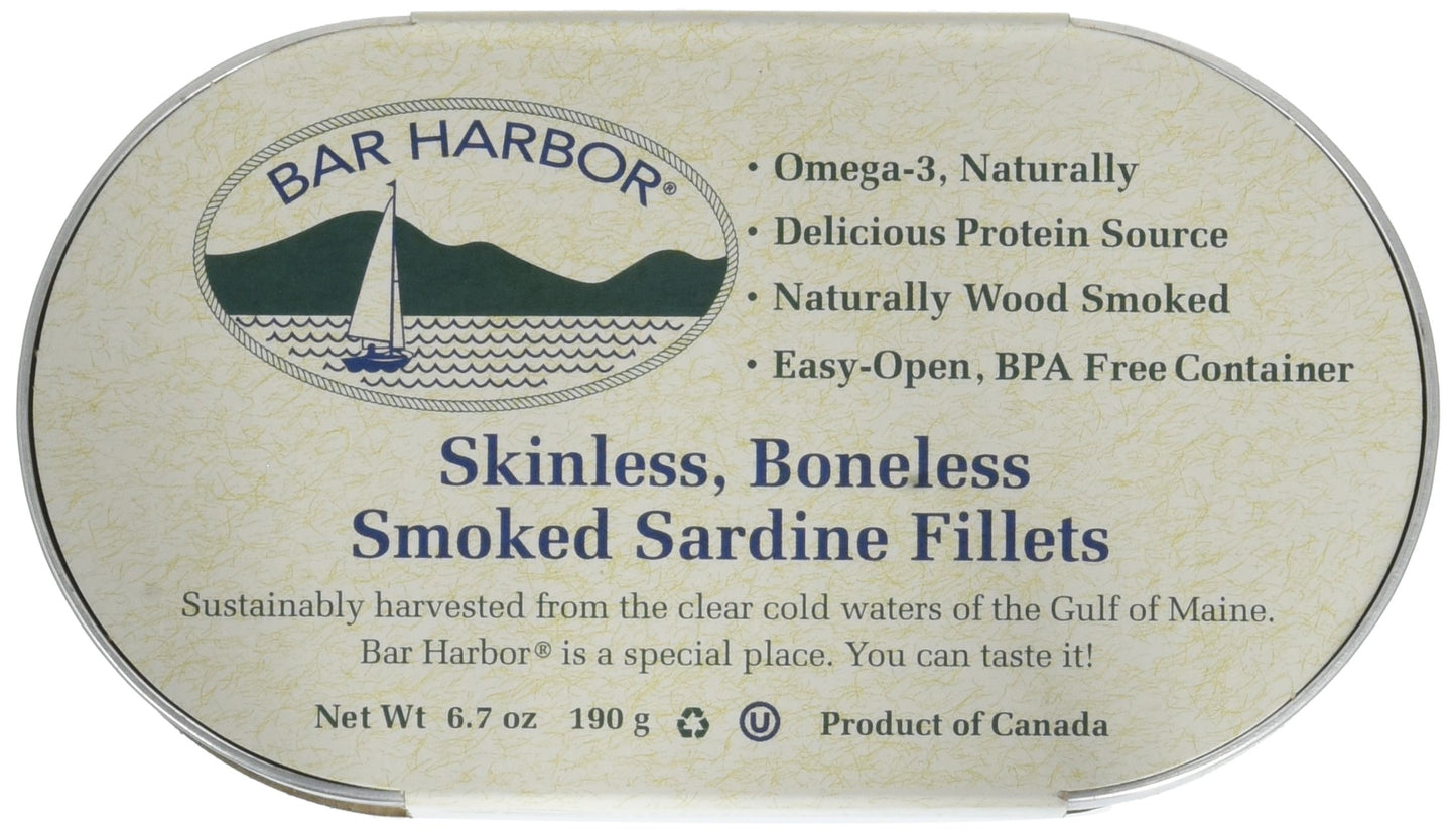 Bar Harbor Wild Smoked Sardine Fillets, 6.7 oz (Pack of 12), Model BH00157, Skinless and Boneless, Sardine Color