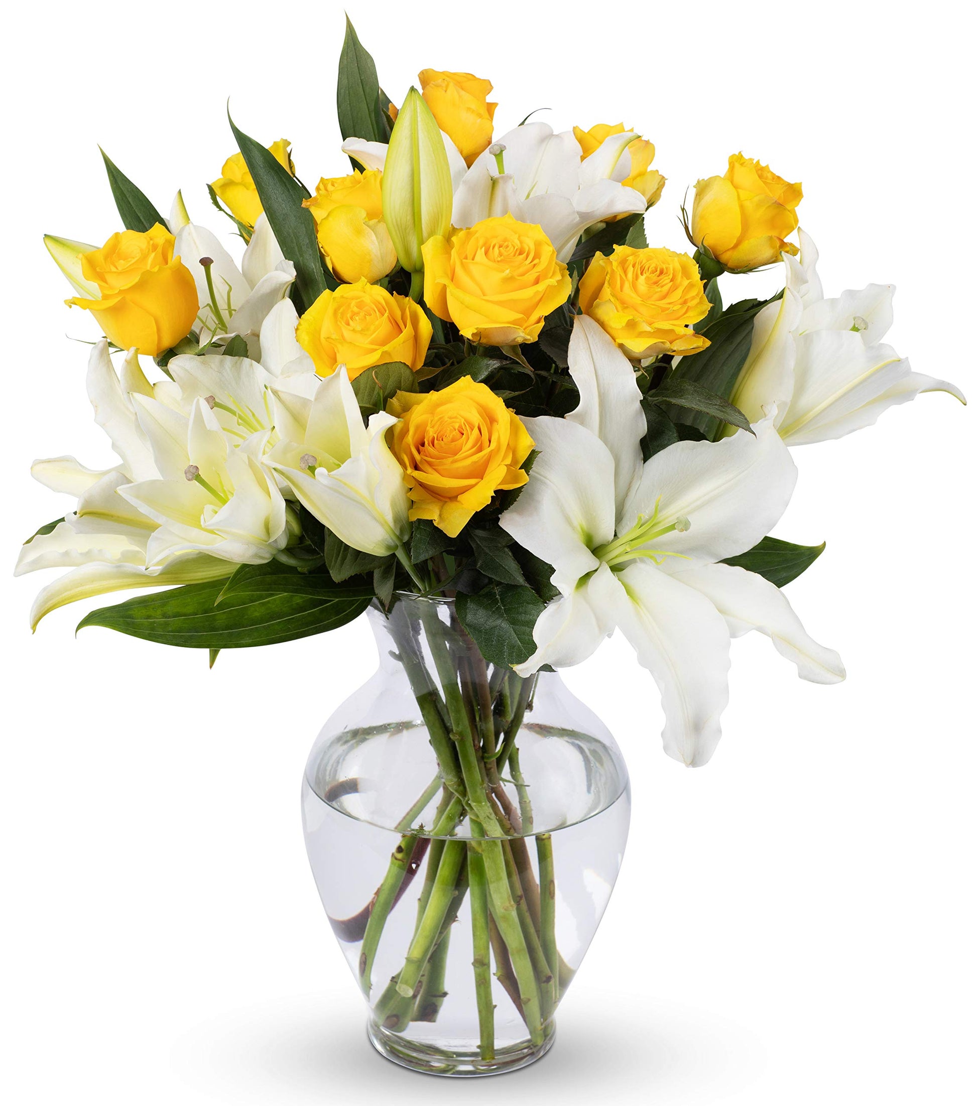 BENCHMARK BOUQUETS - Yellow Roses & Lilies (Glass Vase Included), Next-Day Delivery, Gift Fresh Flowers for Birthday, Anniversar