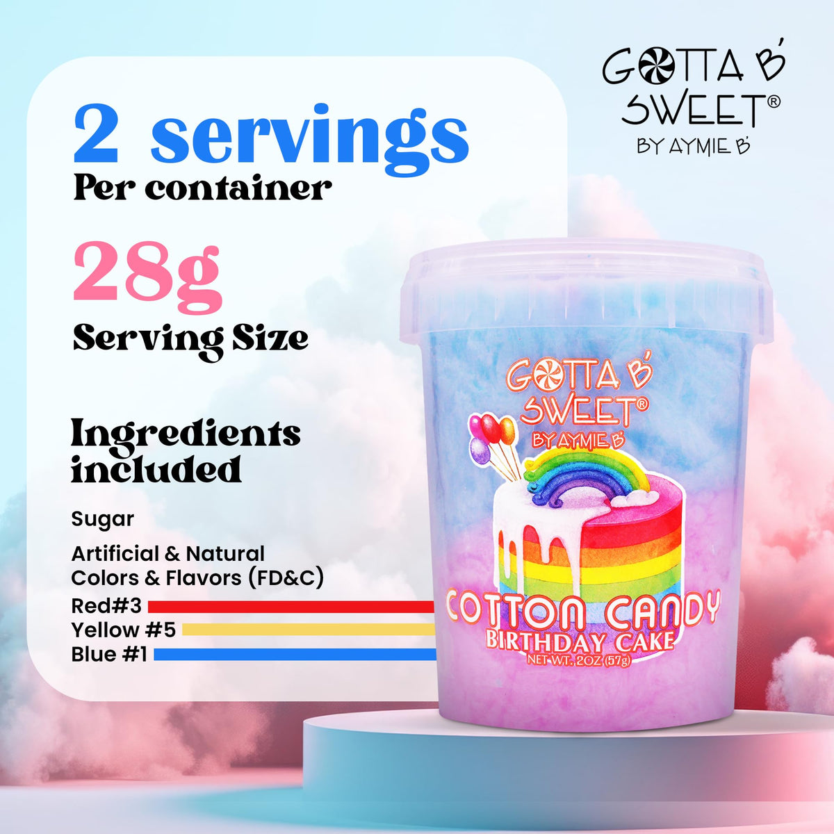 Gotta B Sweet Birthday Cake Flavored Cotton Candy - 2 Oz Reclosable Jar - Blue, Pink And White - Birthday Party Treats For Kids