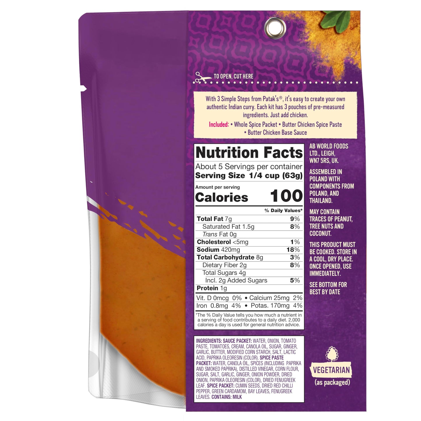 Patak'S Butter Chicken Curry Sauce 3-Step Kit, Pre-Measured Ingredients, Fragrant Whole Spices, Butter Chicken Curry Spice Paste, Base Sauce, No Artificial Flavors, Vegetarian, 11 Oz (Pack Of 6)