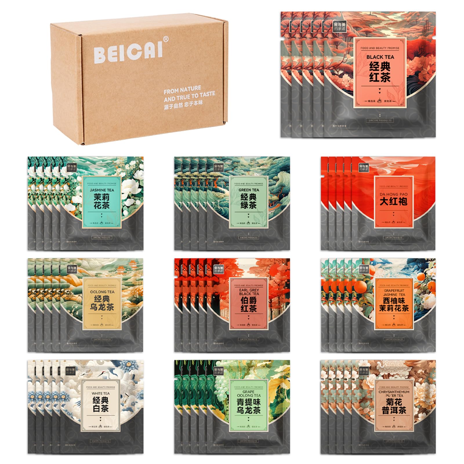 Bei Cai Tea Bags Sampler Assortment Box (50 Count) 10 Different Flavors,Perfect Variety Individually Wrapped Tea Bag,Perfect For Hotels, Offices, Food Service Gift Set &Sampler Variety Pack