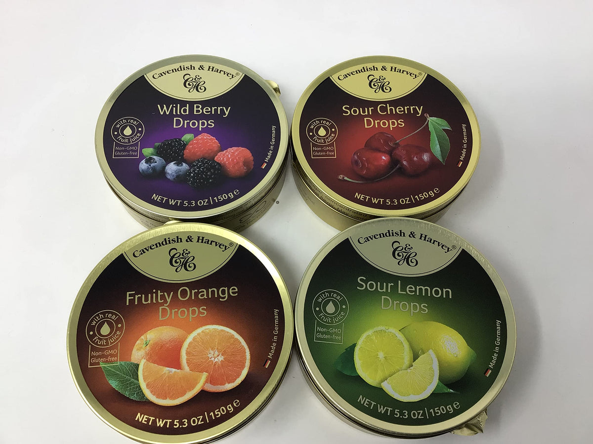 Cavendish & Harvey | Variety Flavor Hard Candy Drops | Orange  Wild Berry  Sour Lemon  & Sour Cherry | 5.3 Ounce Tins - 4 Pack