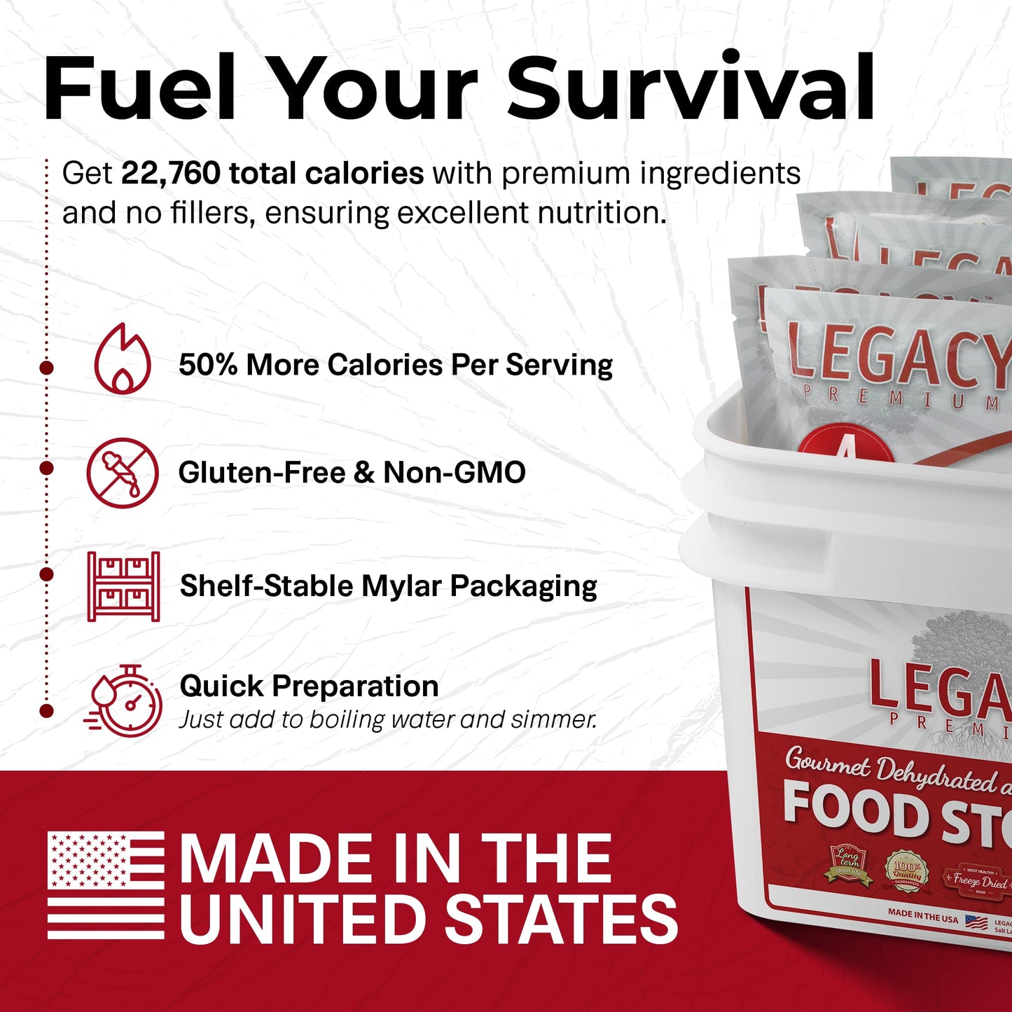 Legacy Food Storage Gluten Free 60 Serving Bucket, Emergency Food Supply, 22,760 Total Calories, 60 Large Servings, Shelf Stable Lunch & Dinner Entrees, Freeze Dried Survival Meals For Mre Camping, Hiking, & Backpacking