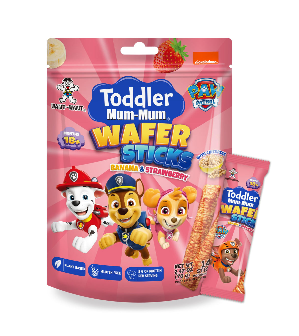 WANT~WANT Toddler Mum-Mum Wafer Sticks, Gluten Free, 2.47 oz, 14 Sticks (Pack of 6),Snack Crackers (Banana & Strawberry)