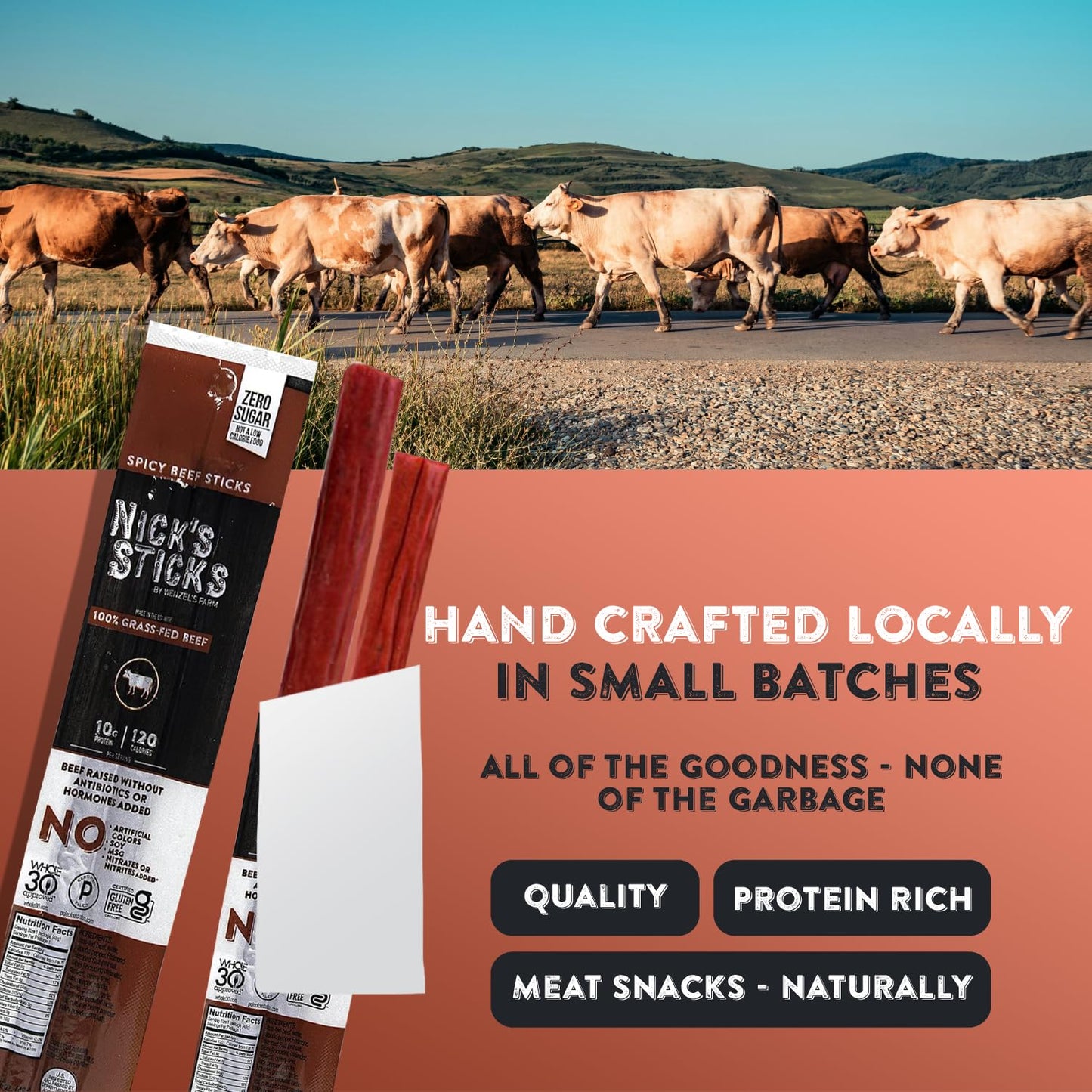 Nick'S Sticks Clean & Balanced 100% Grass-Fed Spicy Beef Snack Sticks | Made In The Usa | Gluten Free | Paleo, Keto, Whole30 App