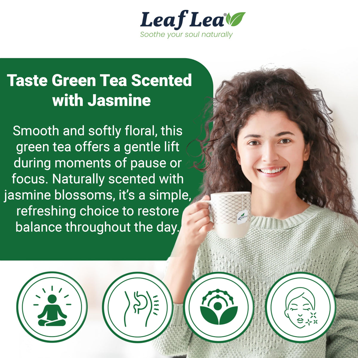 LeafLea 40 Jasmine Green Tea Bags  enhanced Green Tea Scented with Jasmine Flowers for Gentle Support & Light Alertness  Floral Smoothness  Caffeinated  Sugar-Free  Non-GMO  Vegan  Individually Wrapped