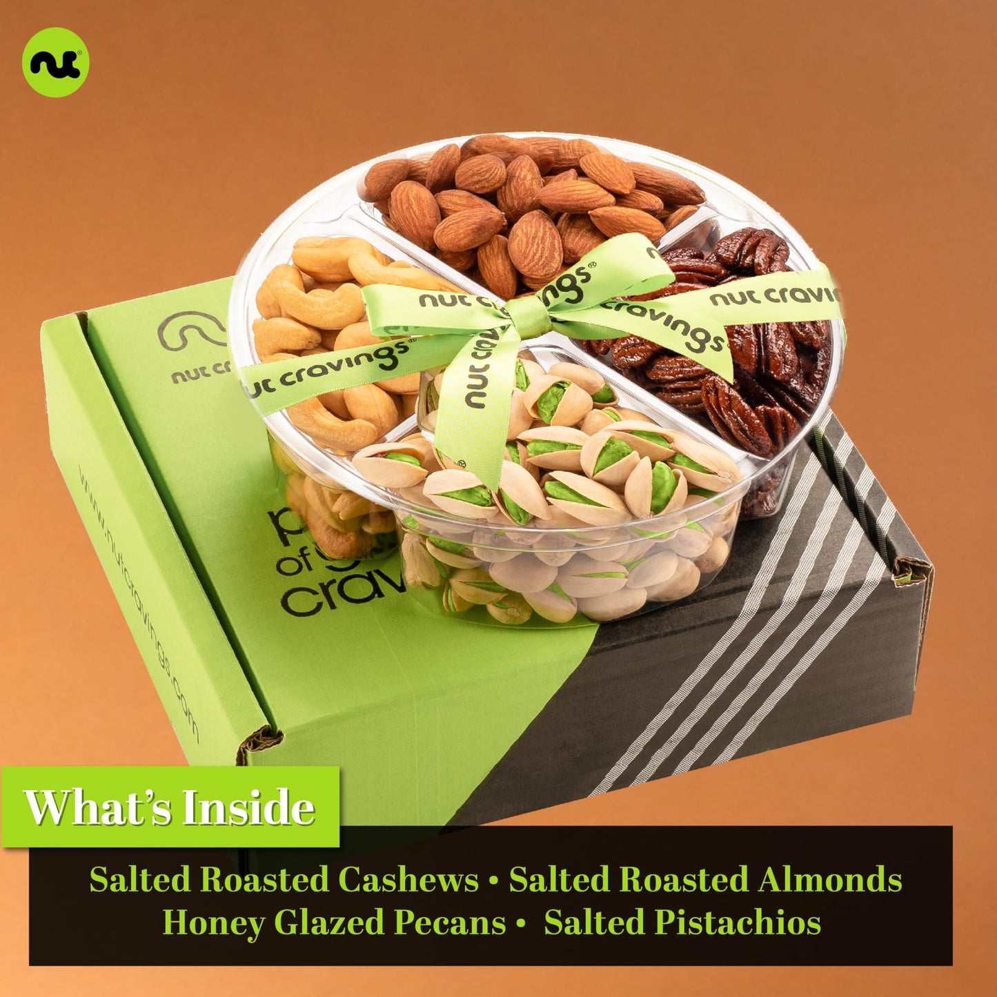 Nut Cravings Gourmet Collection - Rosh Hashana & Shana Tova Mixed Nuts Gift Basket + Green Ribbon (4 Assortments) Arrangement Pl