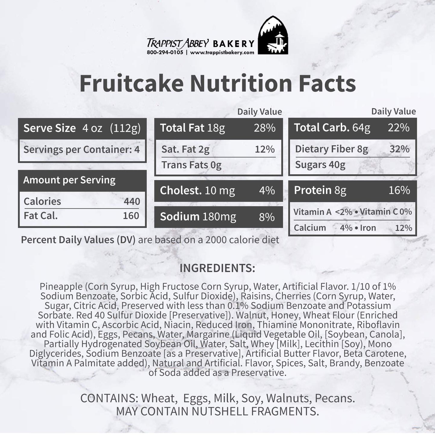 Trappist Abbey Fruitcake - Traditional Christmas Cake with Candied Fruits & Nuts, Soaked in Brandy, 16 Ounce