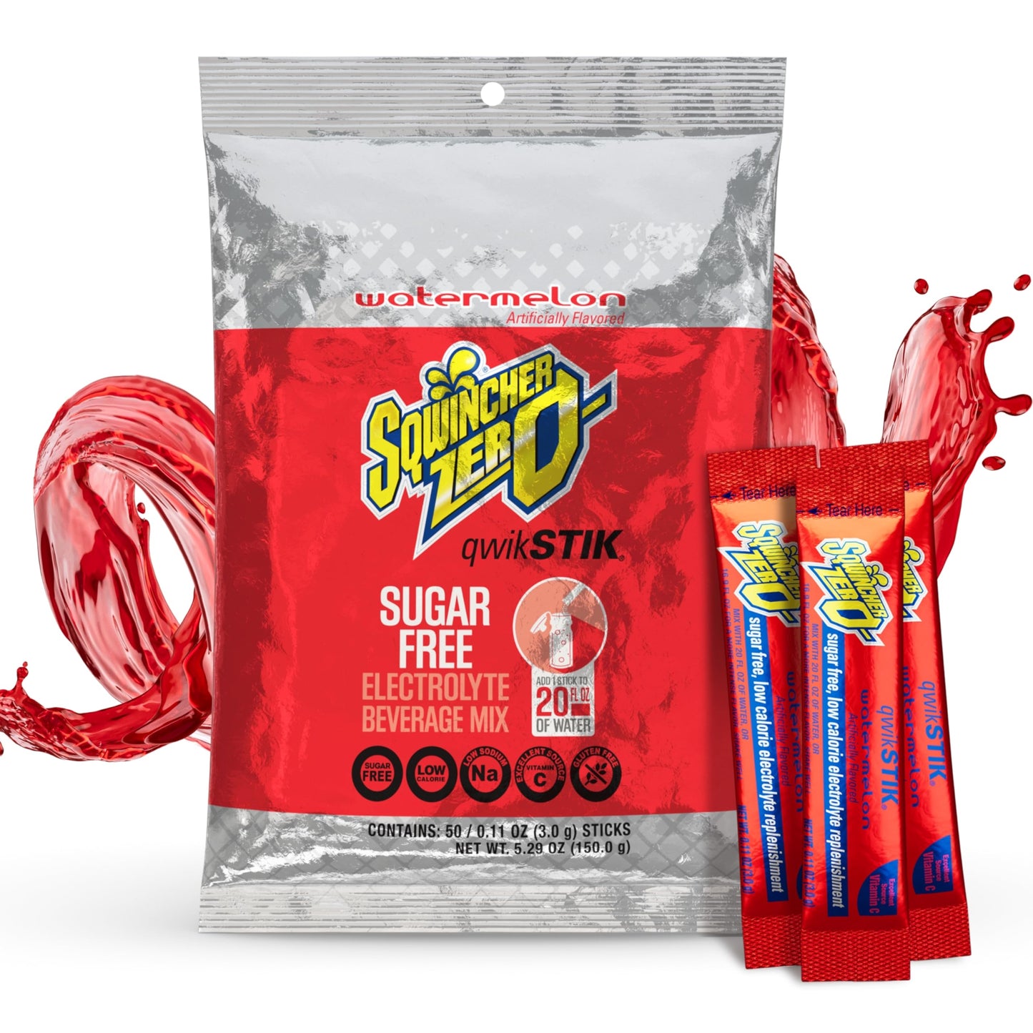 Sqwincher Zero Qwik Stik, Sugar Free, Low Calorie, Low Sodium Electrolyte Powder Hydration Drink Mix, Watermelon, .11 0Z Packet (Pack Of 50)
