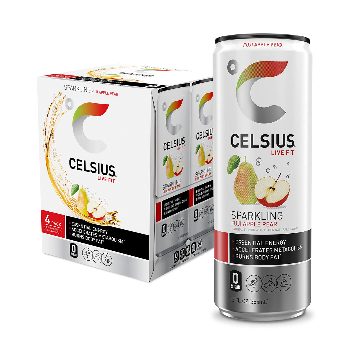 CELSIUS Sparkling Fuji Apple Pear, Functional Essential Energy Drink 12 Fl Oz (Pack of 24)