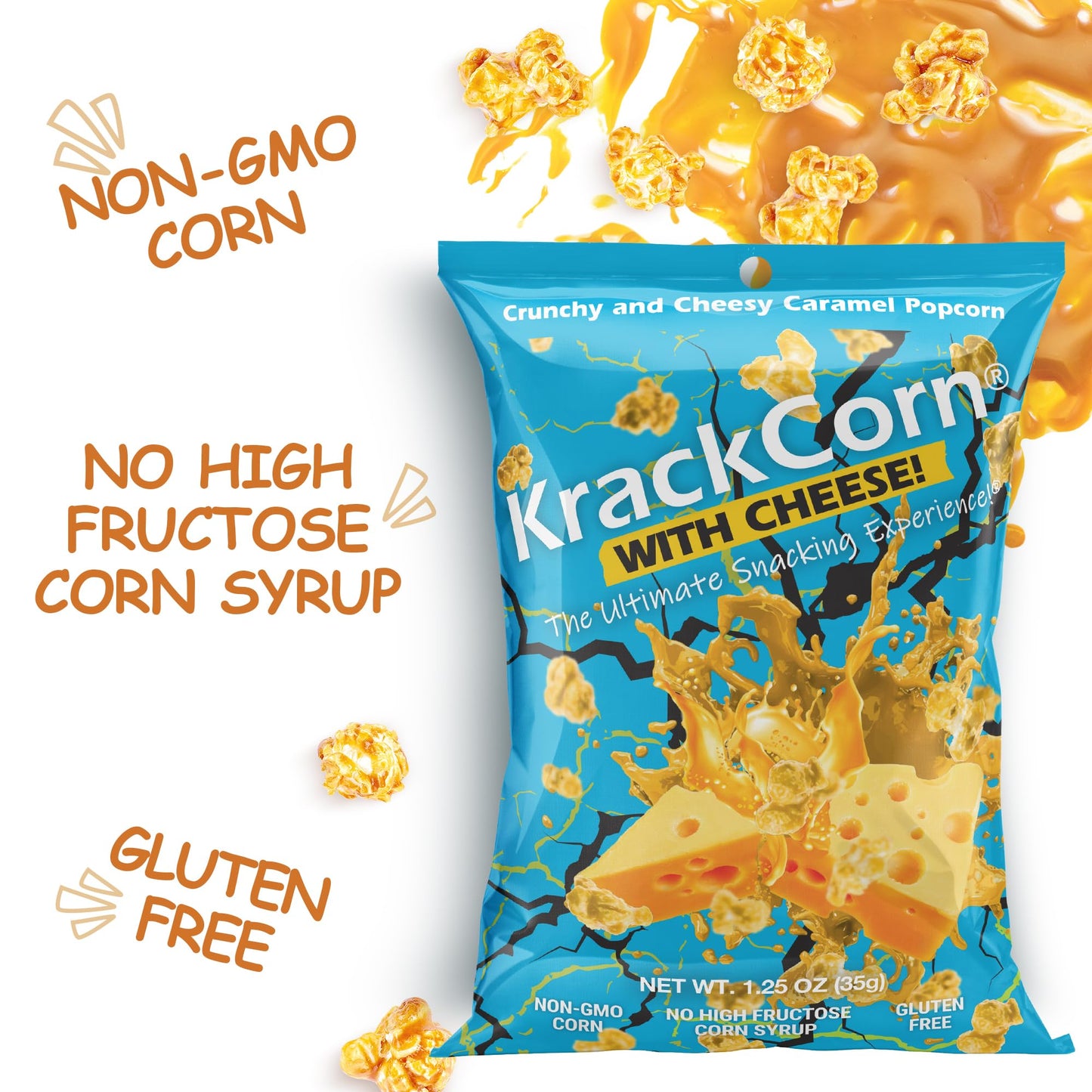 Krackcorn Cheddar Cheese Popcorn - Gluten-Free, Non-Gmo Cheddar And Caramel Popcorn, Sweet And Salty Corn Gourmet Snack - Delicious Treat For Family Parties, Movie Nights - 1.25 Ounce (Pack Of 12)