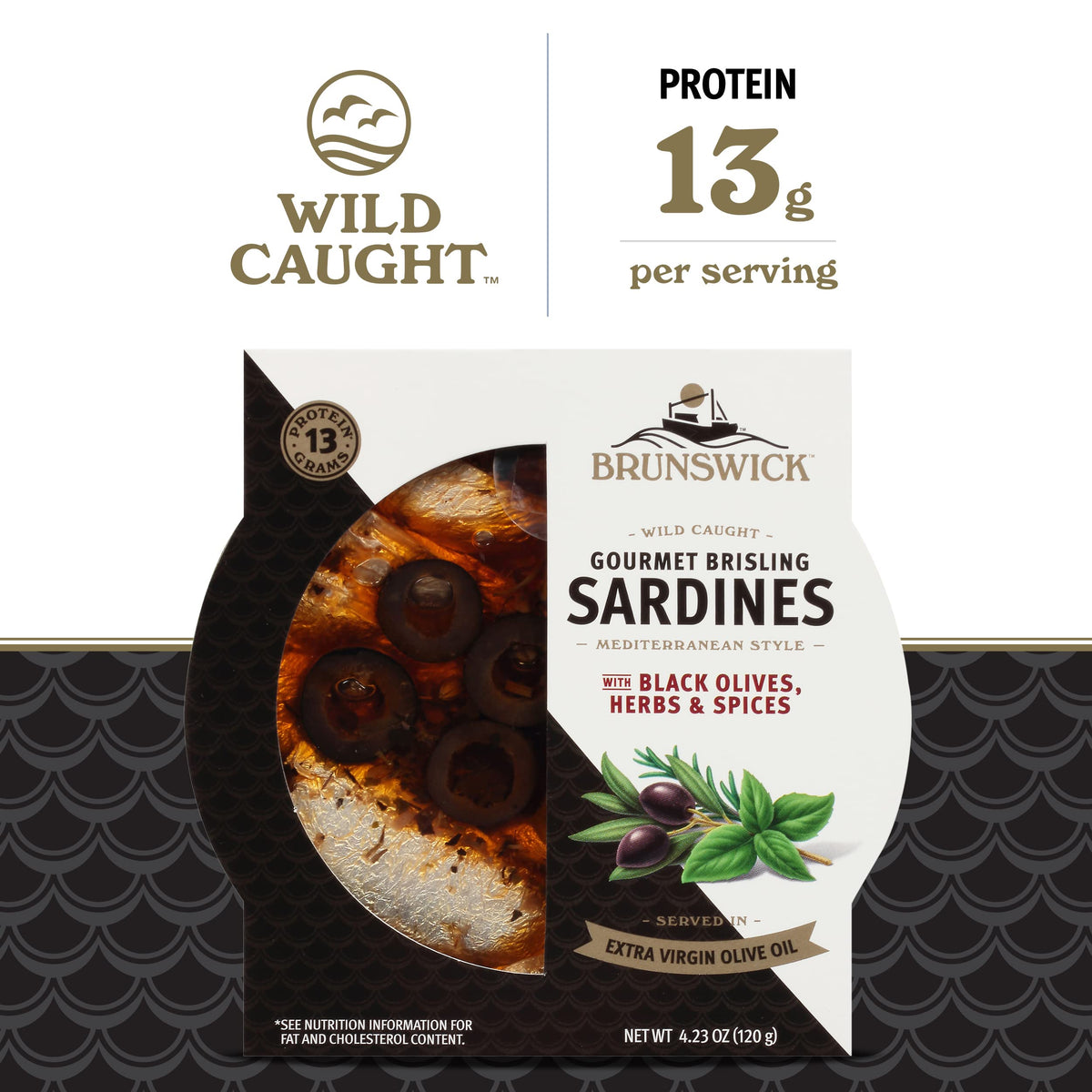 Brunswick Wild Caught Gourmet Brisling Sardines In Extra Virgin Olive Oil,Mediterranean Style,With Black Olives,Herbs And Spices,4.23 Oz Can (Pack Of 12)-Wild Caught Sardines-13G Protein Per Serving