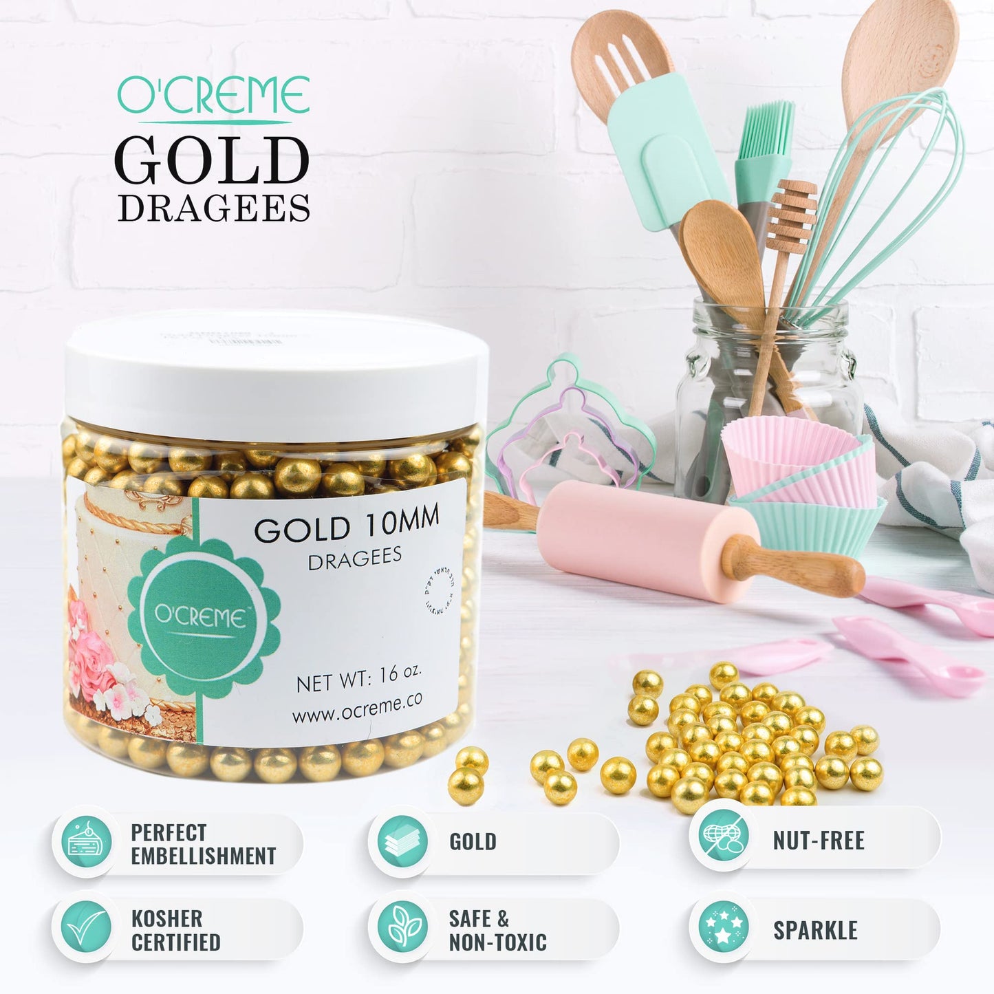 OCREME Gold Dragees Cake Decorating Supplies, Metallic Sphere Sprinkles, 3mm, 1 Pound, Not-Toxic, Non-Edible