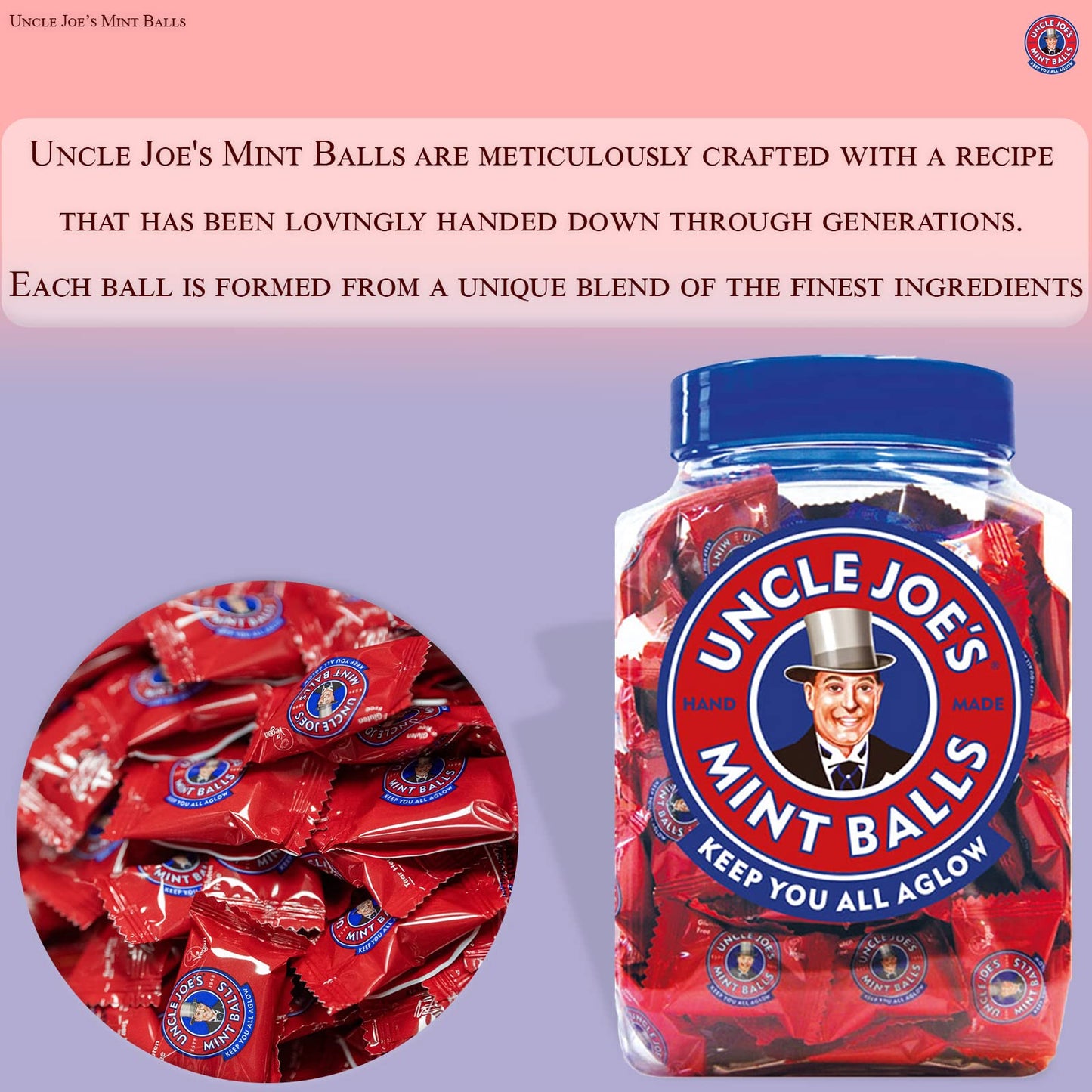 Uncle Joes Mint Balls | Handcrafted British Candy | with Peppermint Oil | Long Lasting & Breath Refreshing Minty Flavor | Indiv