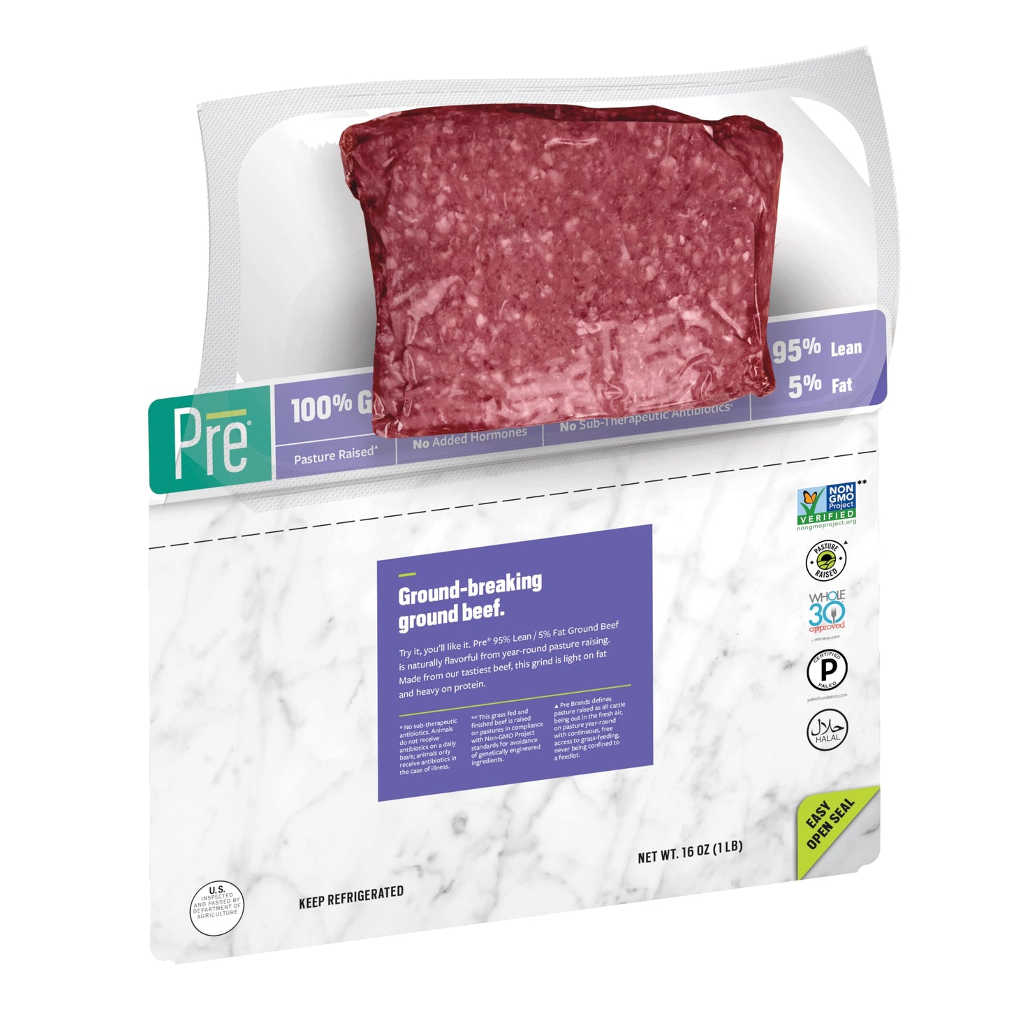 Pre, Ground Beef 95% Lean/5% Fat, Grass-Fed, Pasture-Raised, 1 lb