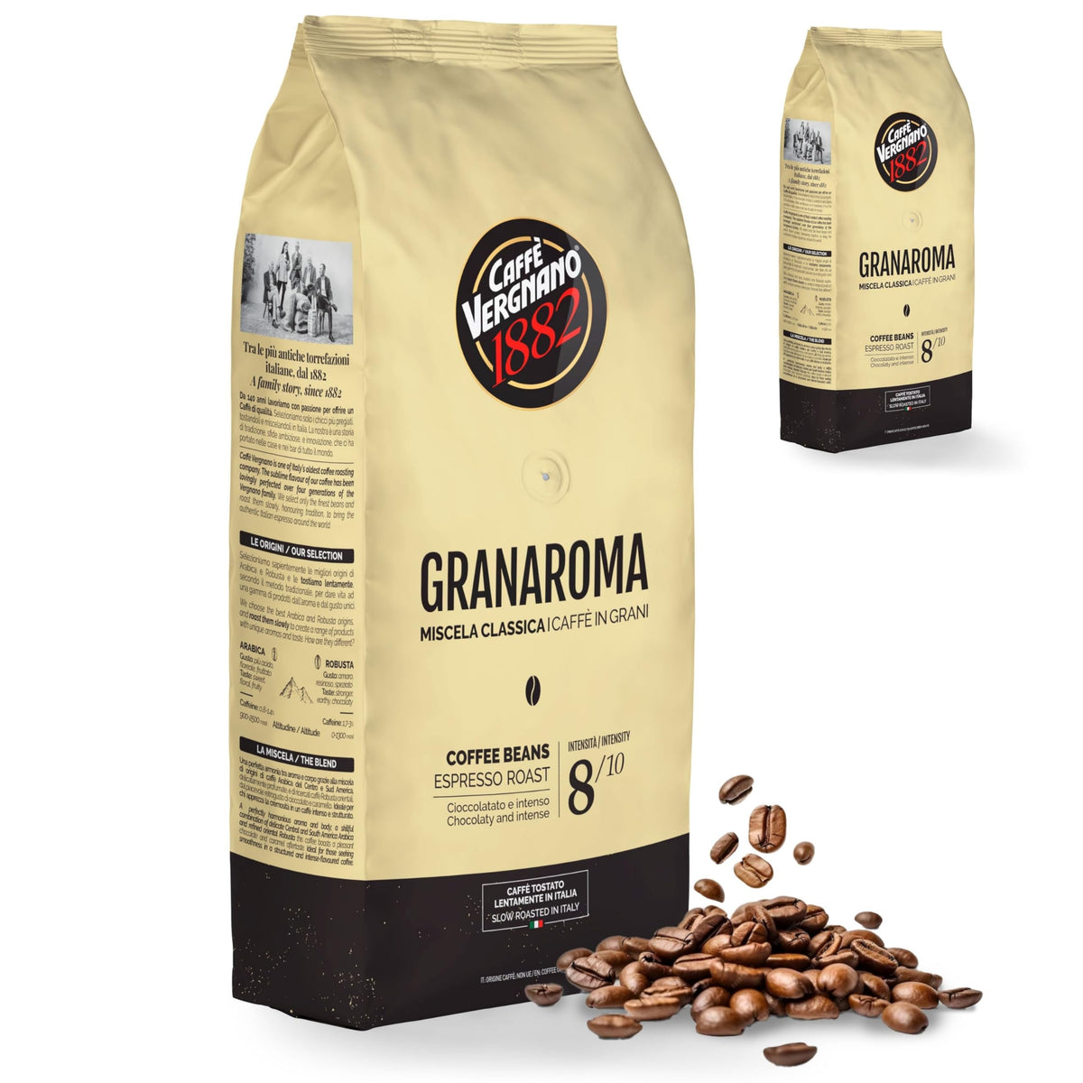 Caffe Vergnano 1882 Gran Aroma Whole Bean Arabica Medium Espresso Roast Coffee  2.2Lbs Bag - Italian Coffee Beans With Rich Notes Of Cocoa  Spices & Dried Fruit  Intensity 8/10-1000G Bag (2 Pk)