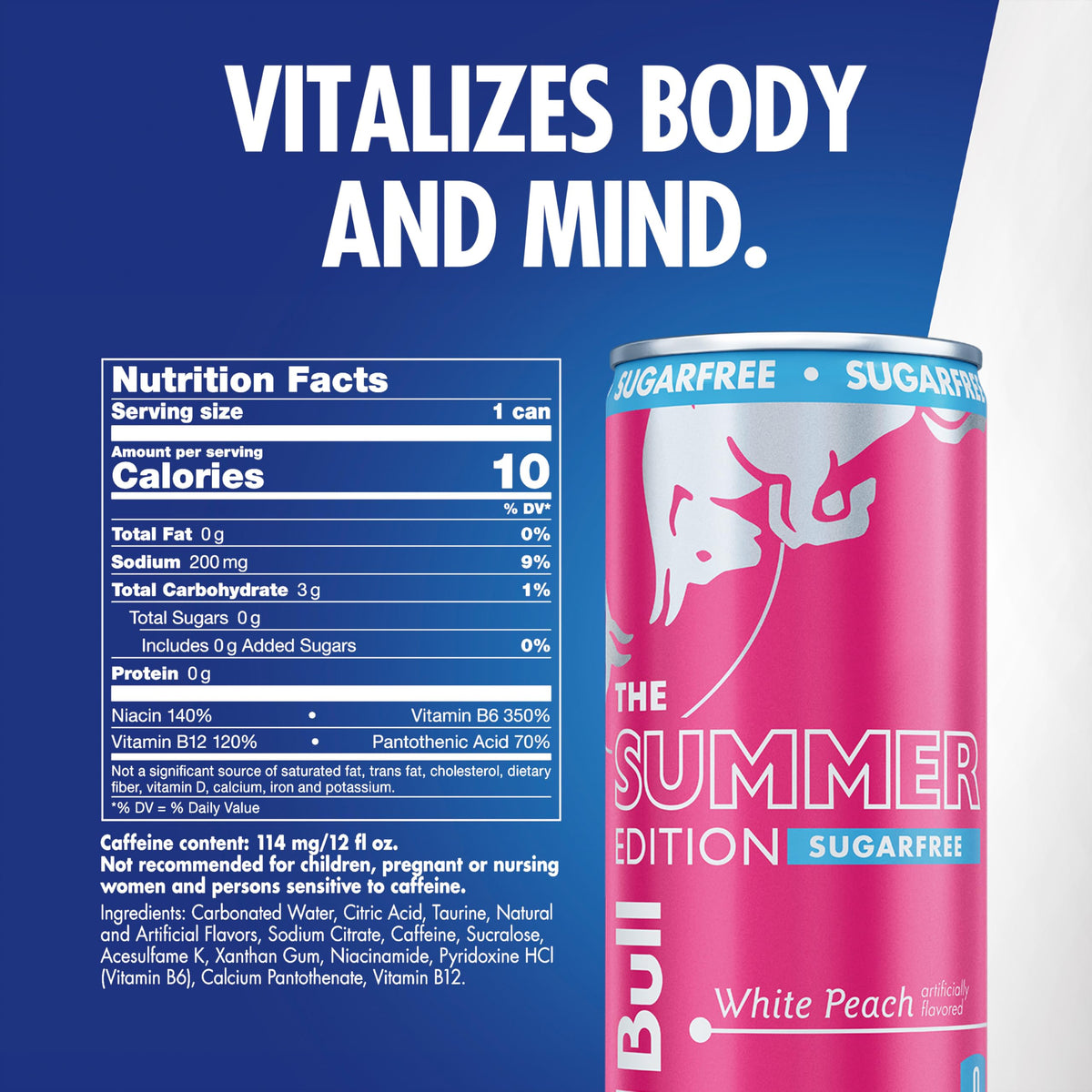 Red Bull Sugar-Free Energy Drink, White Peach, 12 Fl Oz, Pack of 24 (6 Packs of 4 Cans)