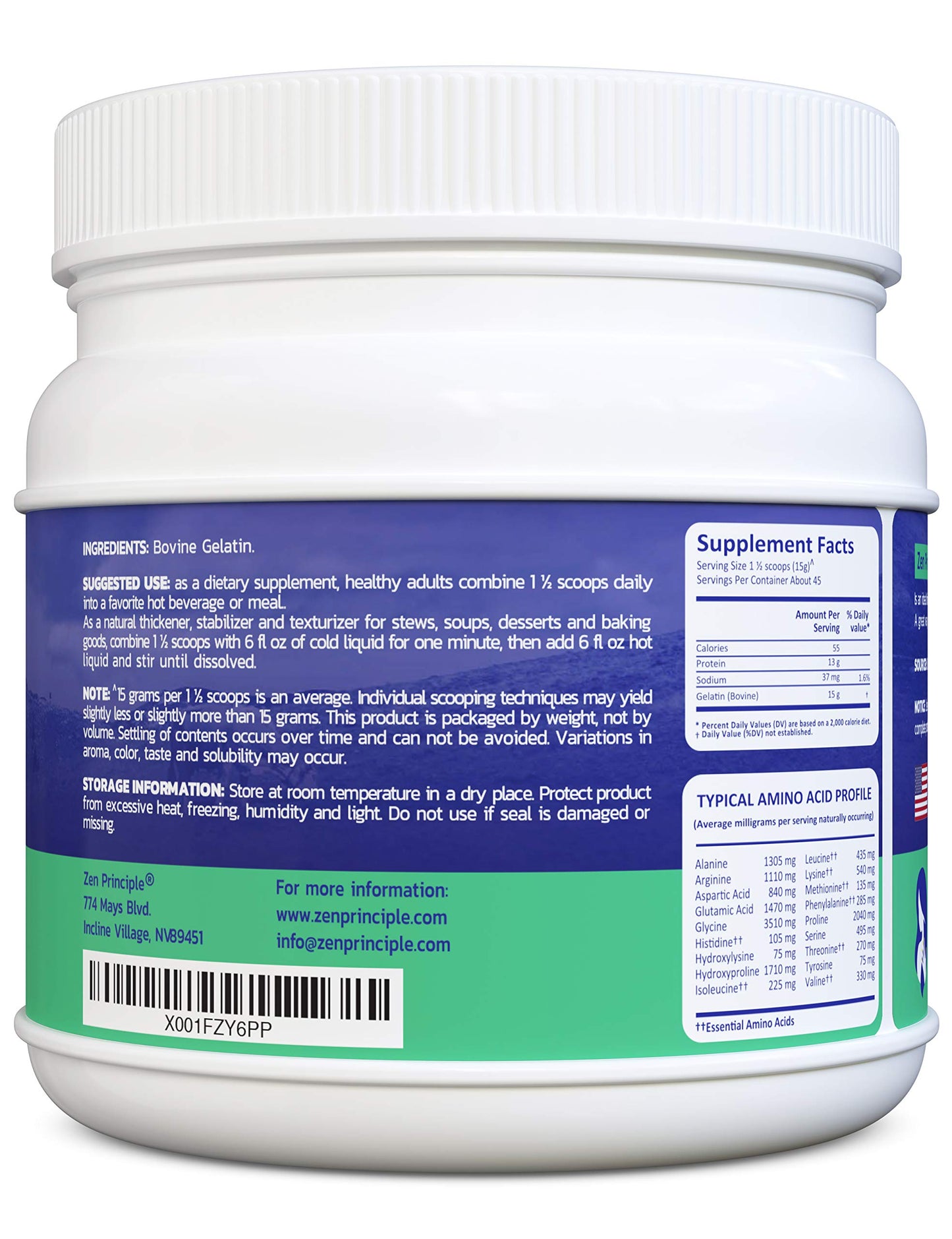 Zen Principle Grass-Fed Gelatin Powder, Unflavored, 24 oz, Paleo & Keto Friendly, GMO-Free, Gluten-Free