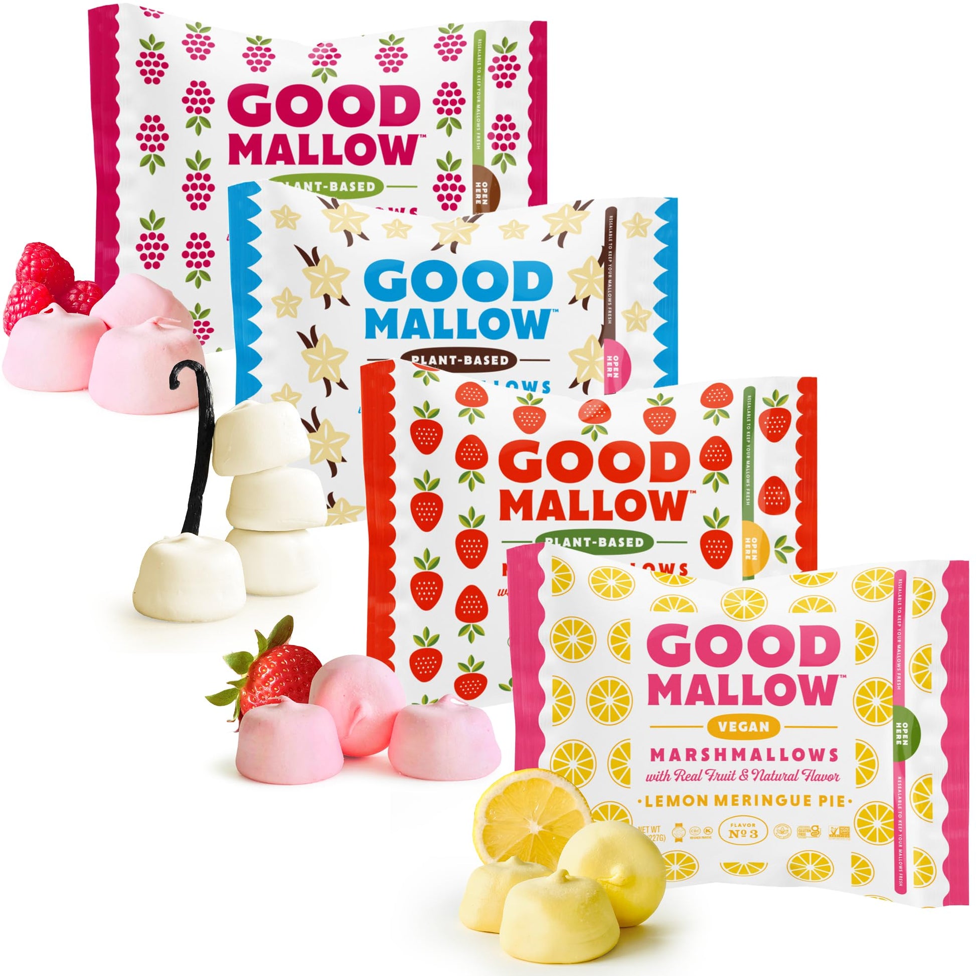 GoodMallow Vegan Marshmallows - Large Kosher Gluten Free, Dairy Free, Gelatin Free - Combo Pack of All Flavors for Baking and Smores