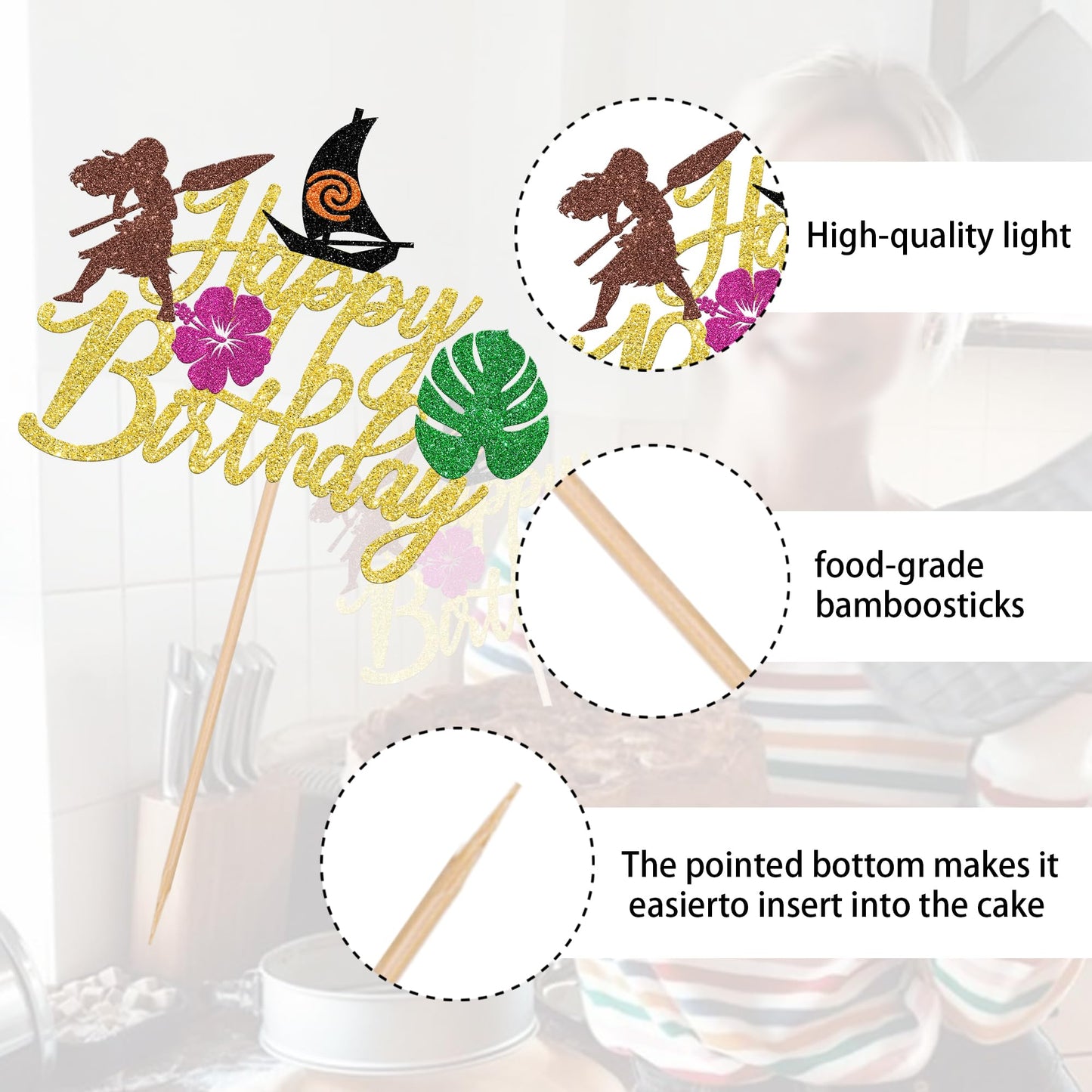 ZHUOWEISM Moana Birthday Cake Topper - Tropical Luau Decorations, Palm Leaf & Flower Design, Gold