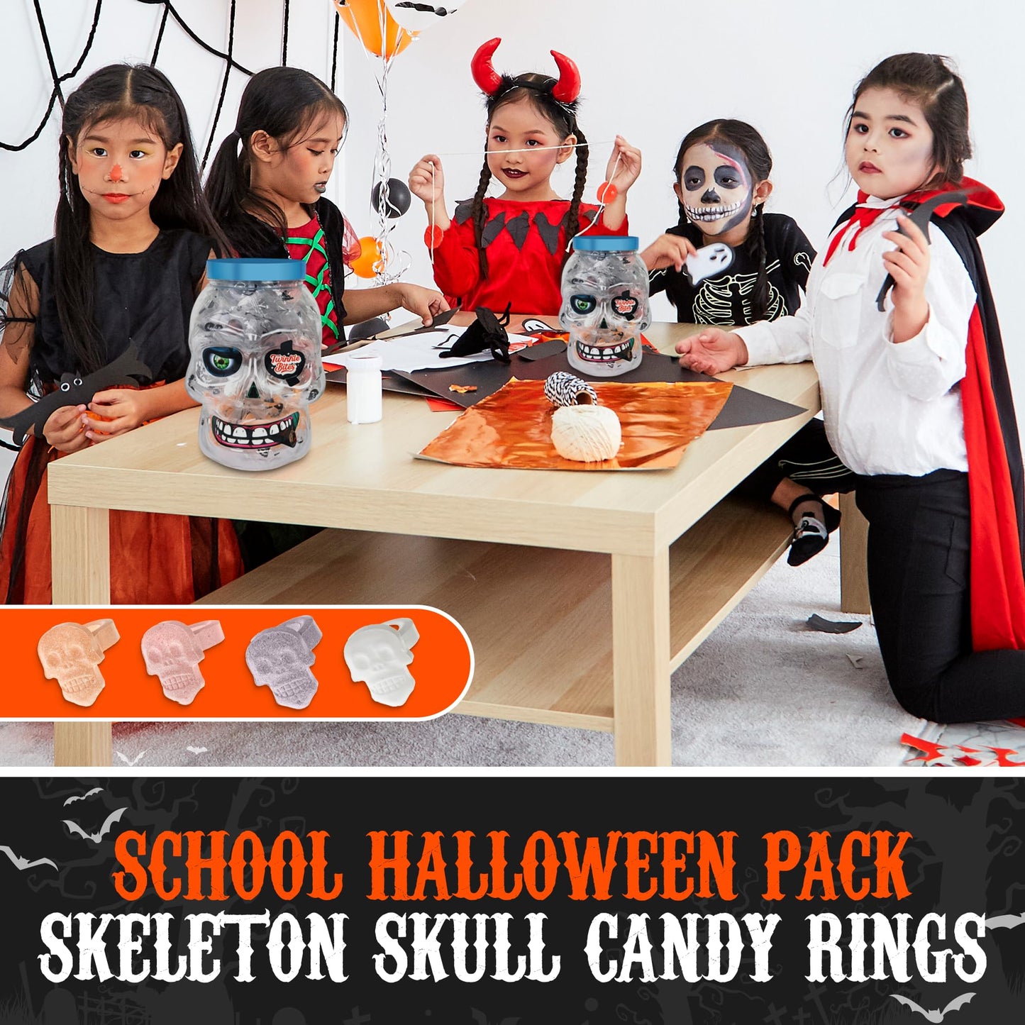 30 Pack Halloween Ring Candy - Individually Wrapped Holiday Themed Skull Candys Packed in a Skull Jar - Trick Or Treat Strawberr