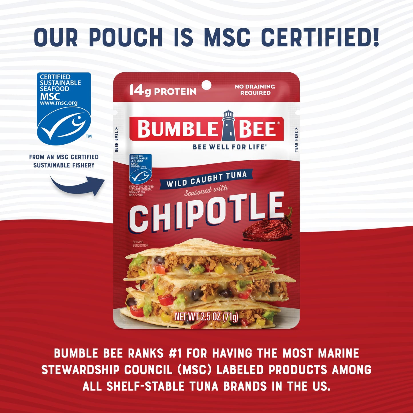 Bumble Bee Chipotle Seasoned Tuna Pouches, 2.5 oz (Pack of 12) - Wild Caught, 14g Protein, Gluten Free