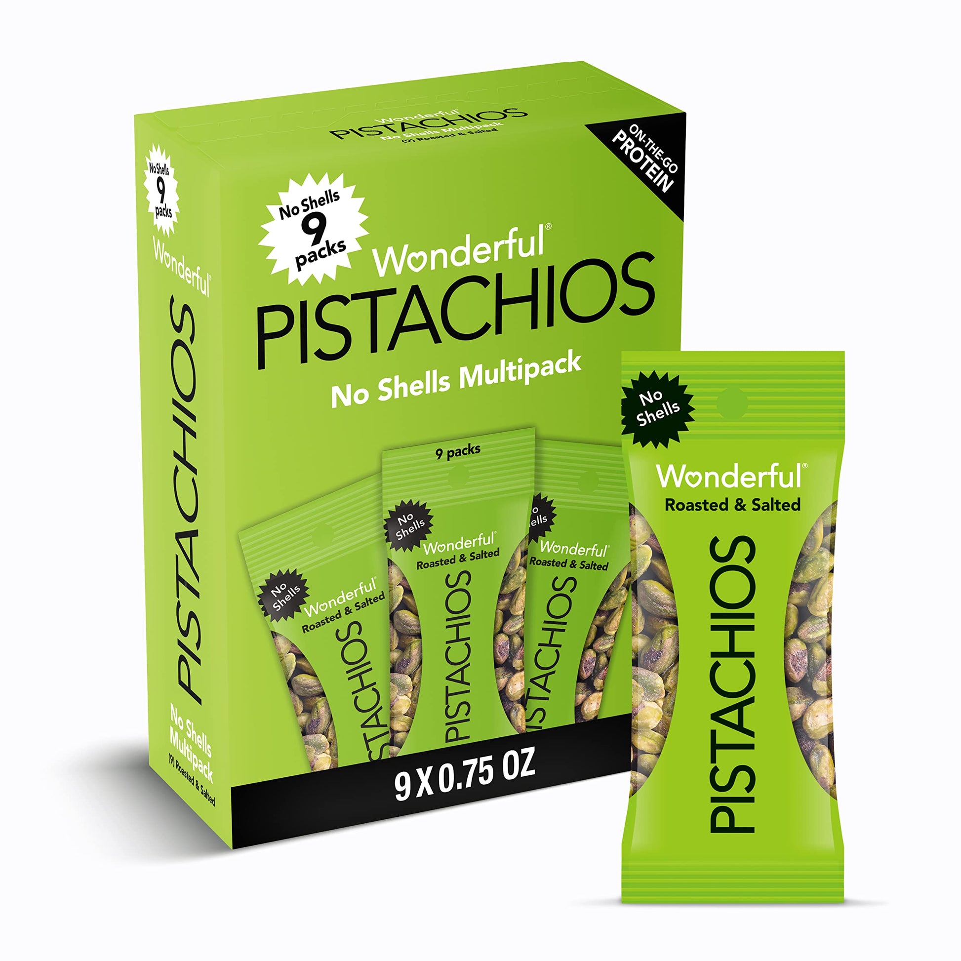 Wonderful Pistachios No Shells, Roasted & Salted Nuts, 0.75 Ounce Bag (Pack of 9), Protein Snacks, Gluten Free, On-the-Go, Indiv