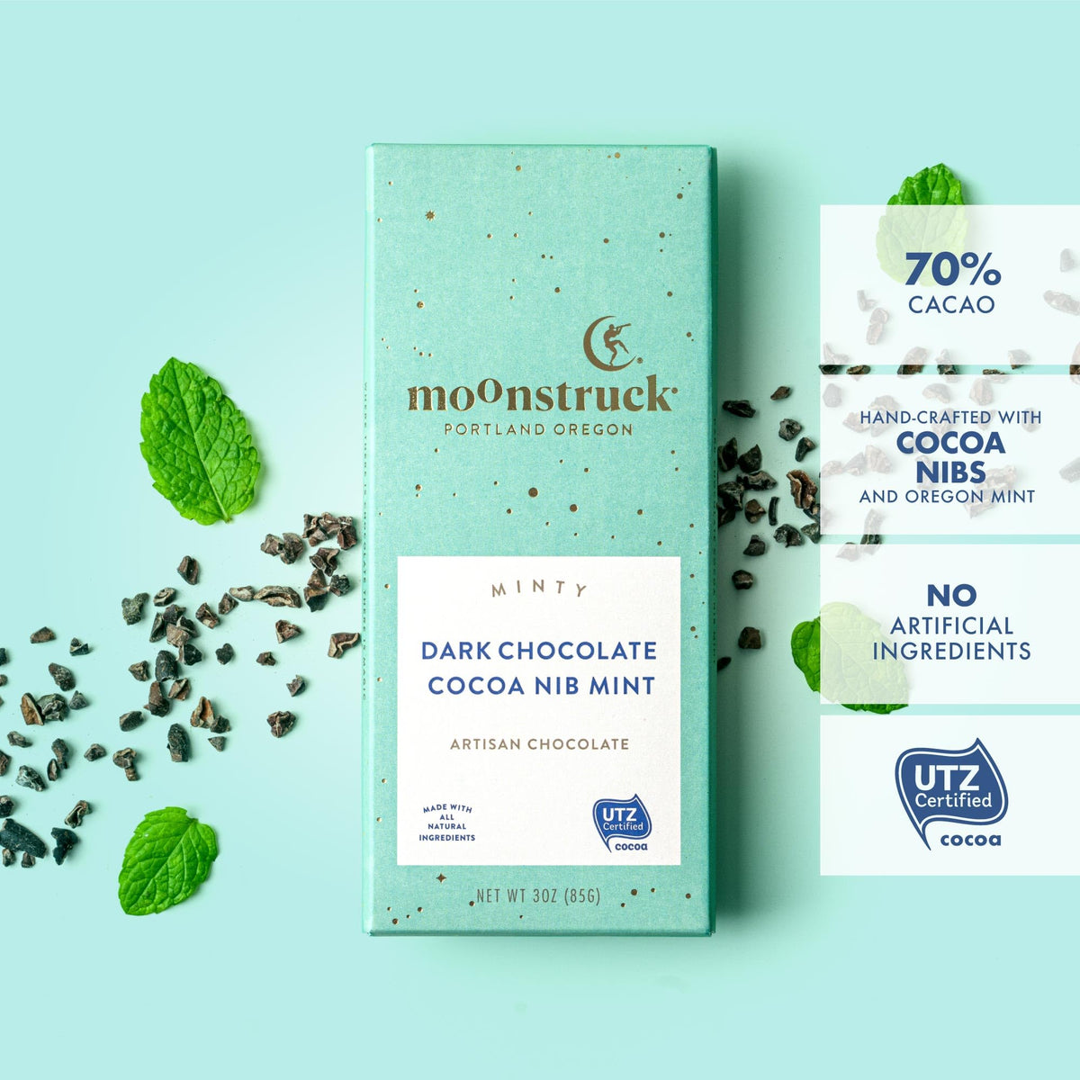 Moonstruck Chocolate Mint Chocolate Bar, 73% Cacao, 3.0Oz (Pack Of 4)