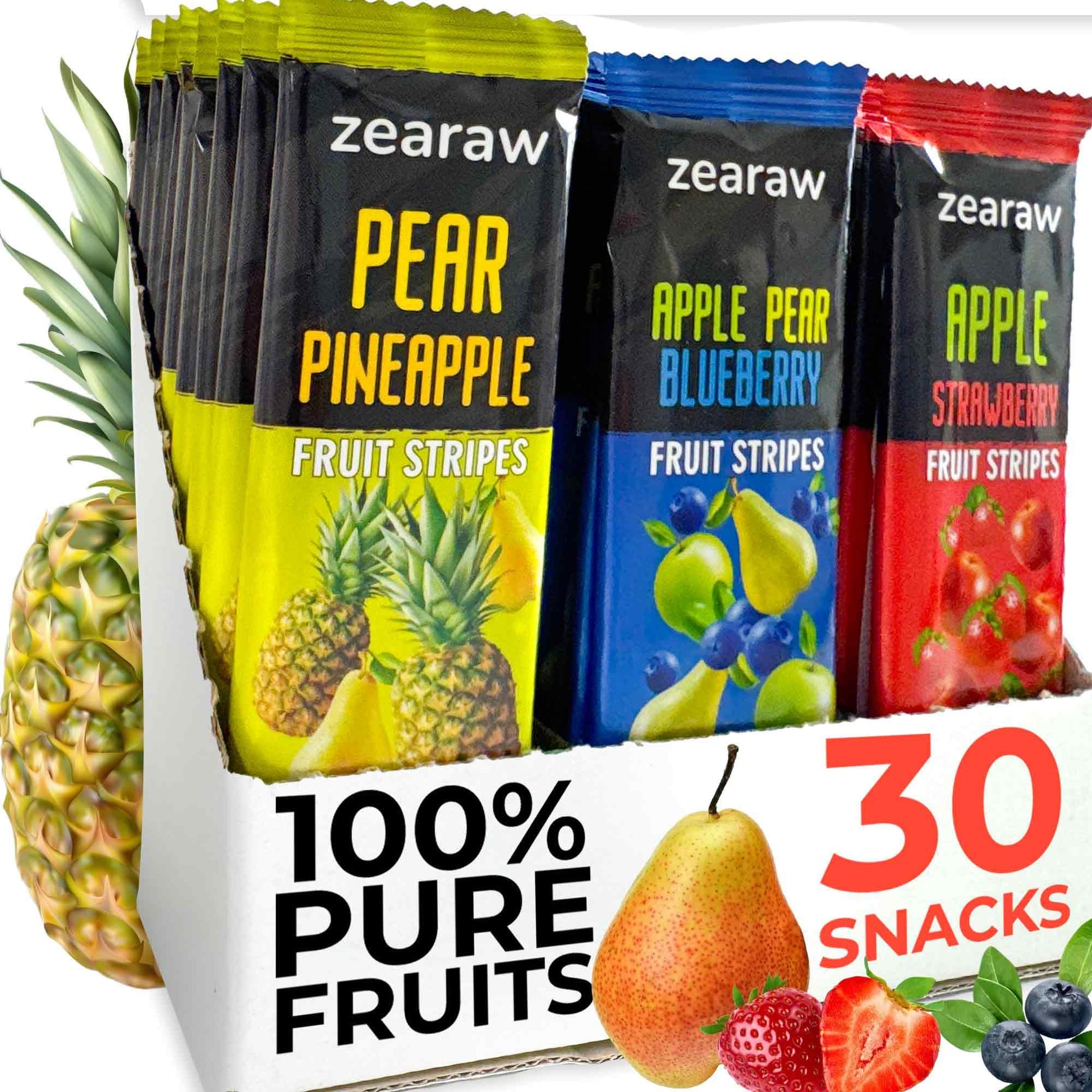 ZEARAW Healthy Fruit Snacks for Adults and Kids - 30 Organic Fruit Leather with Dried Pineapple, Blueberry, Strawberry-Raspberry
