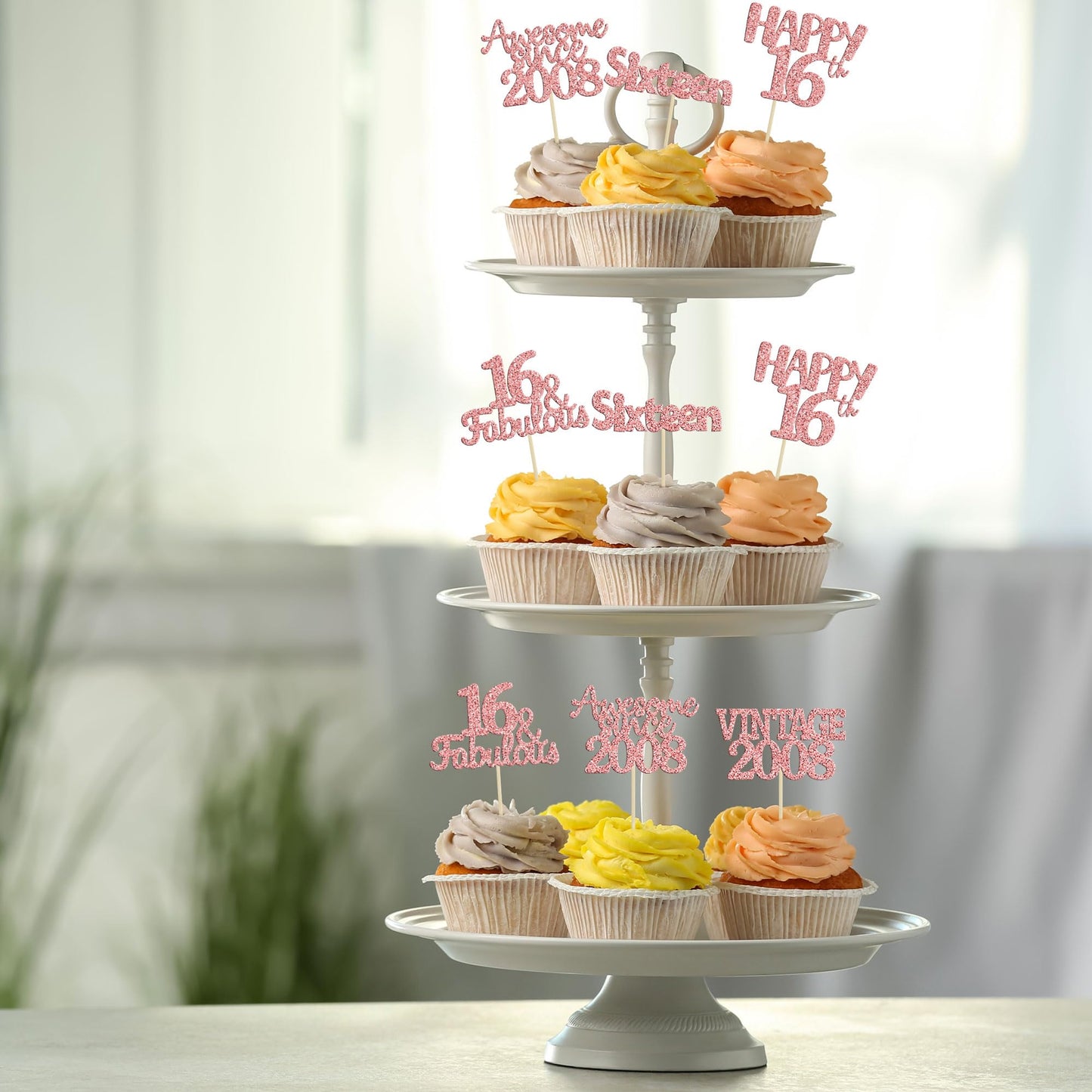 Gyufise 30Pcs Rose Gold Vintage 2008 Cupcake Toppers Glitter Happy 16Th Cheers To 16 Fabulous Sweet 16 Cupcake Picks 16Th Birthd
