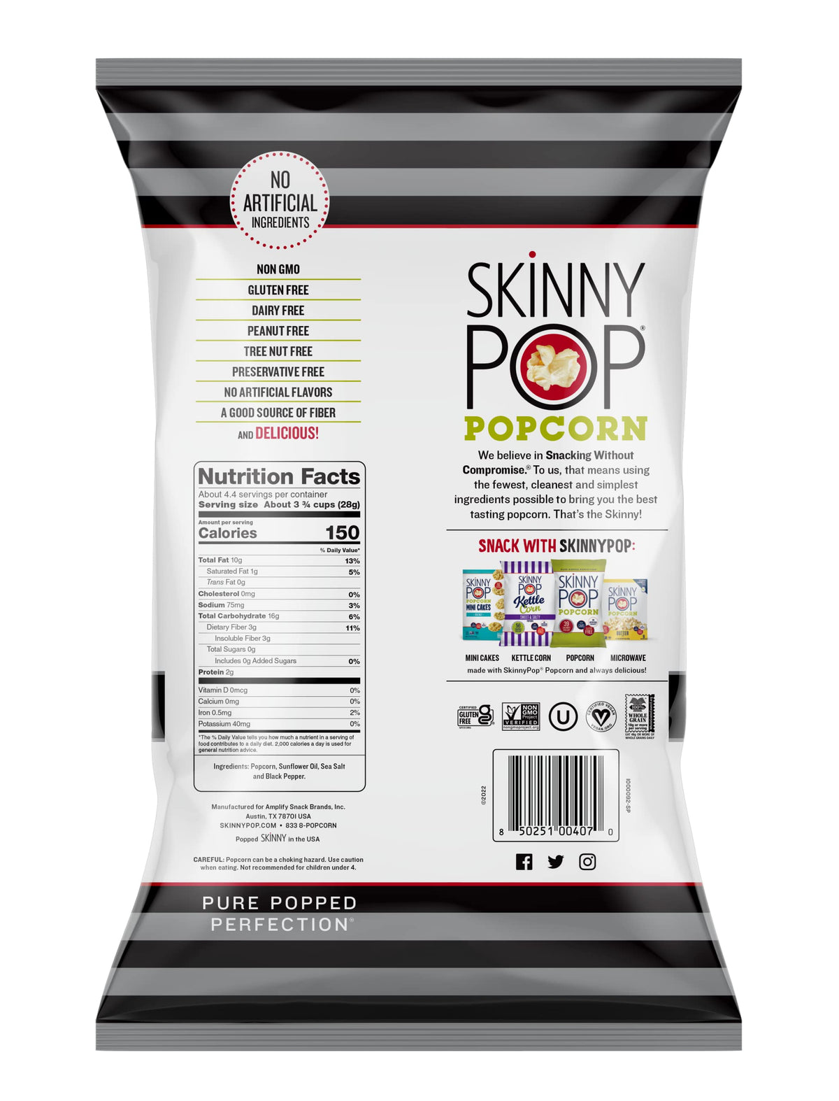 Skinnypop Sea Salt & Pepper Popcorn, Gluten Free, Non-Gmo, Healthy Popcorn Snacks, Skinny Pop, 4.4Oz Grocery Size Bag