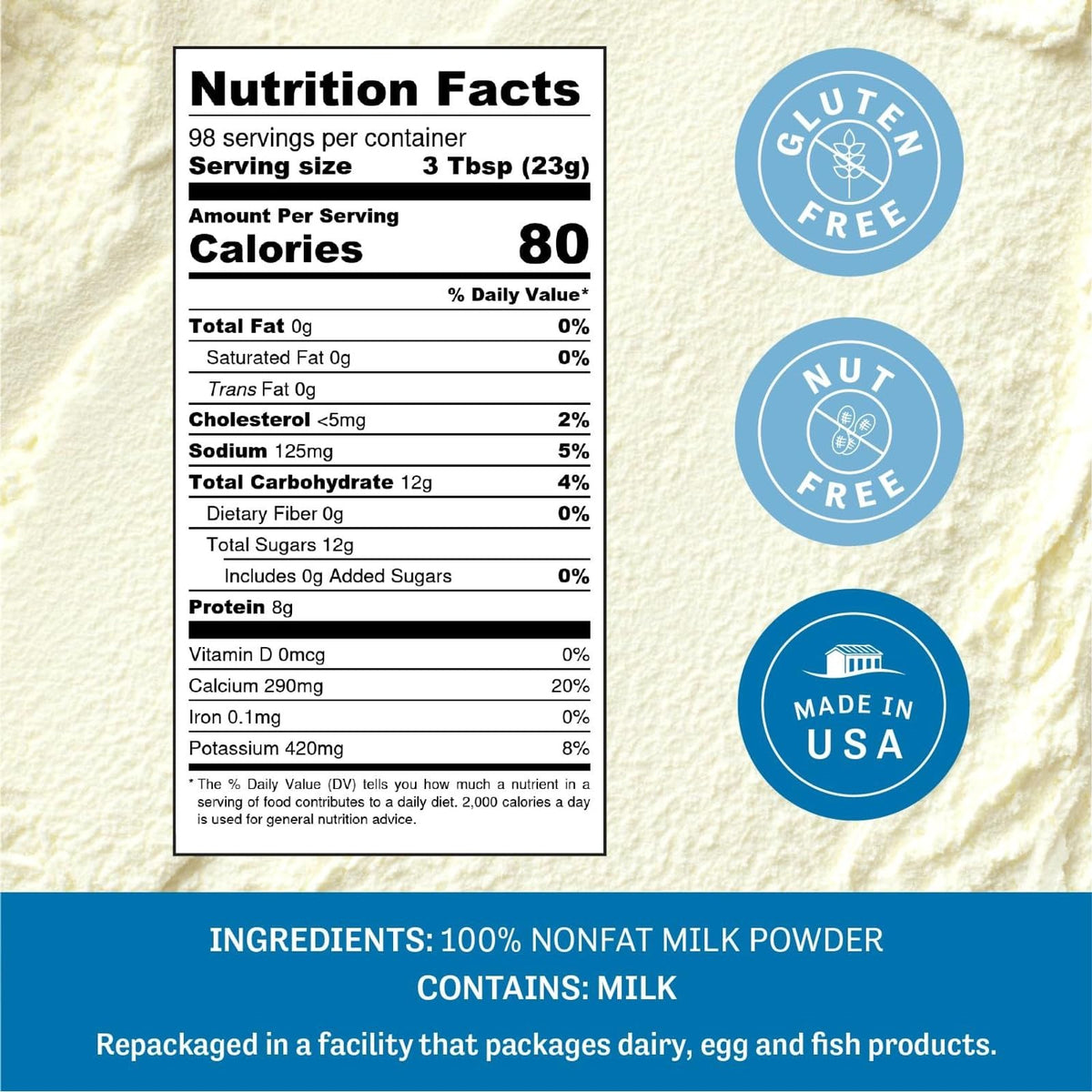 Judees Non-Fat Milk Powder - 100% Non-GMO, Keto-Friendly, rBST  -Free, Gluten-Free, 5 lb