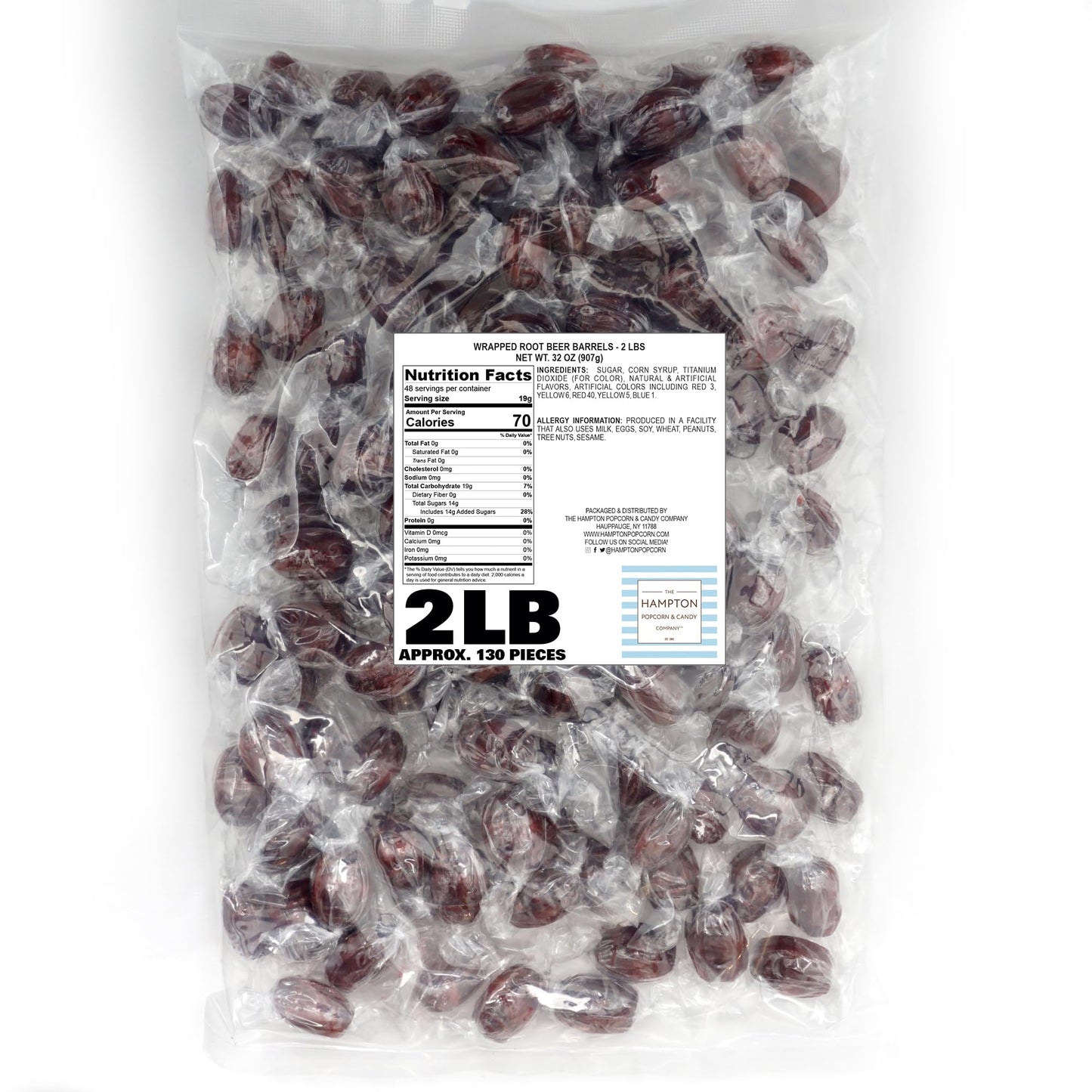 The Hampton Popcorn Root malt-inspired Barrels Hard Candy - 2lb Bulk Bag, Individually Wrapped, Old Fashioned  , Approximately 130 pcs