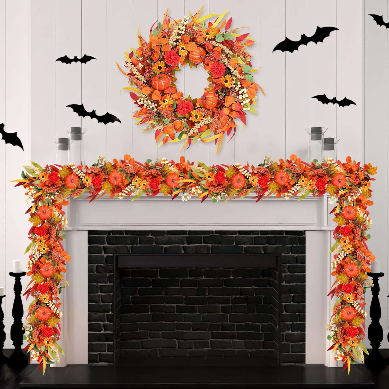 6ft Fall Garland for Mantle,Maple Leaf Garland with Pumpkins Berries Flowers,Thanksgiving Table Centerpiece Decor,Fall Autumn De
