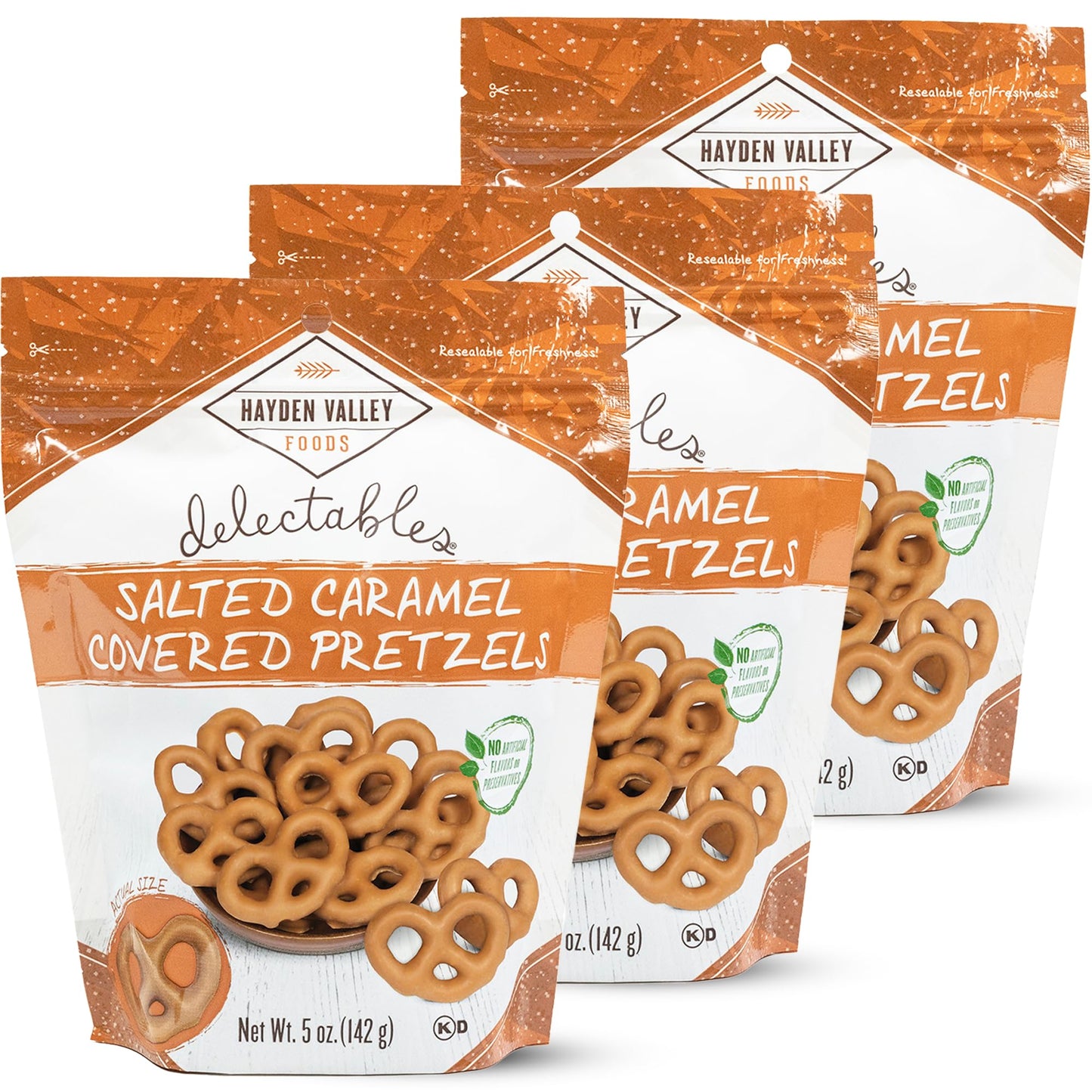 Hayden Valley Foods Salted Caramel Covered Pretzels - Pack of 3 - 5 oz Bags - No Artificial Flavors, Preservatives or Colors