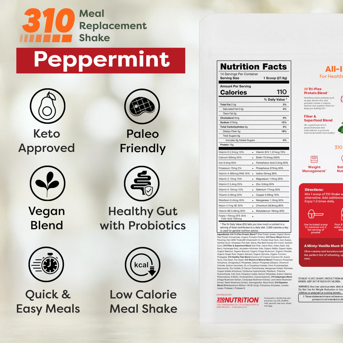 310 Nutrition All-in-One Meal Replacement Shake - Plant-Based Protein Powder with Triplex Proteins, Probiotics, Digestive Enzyme